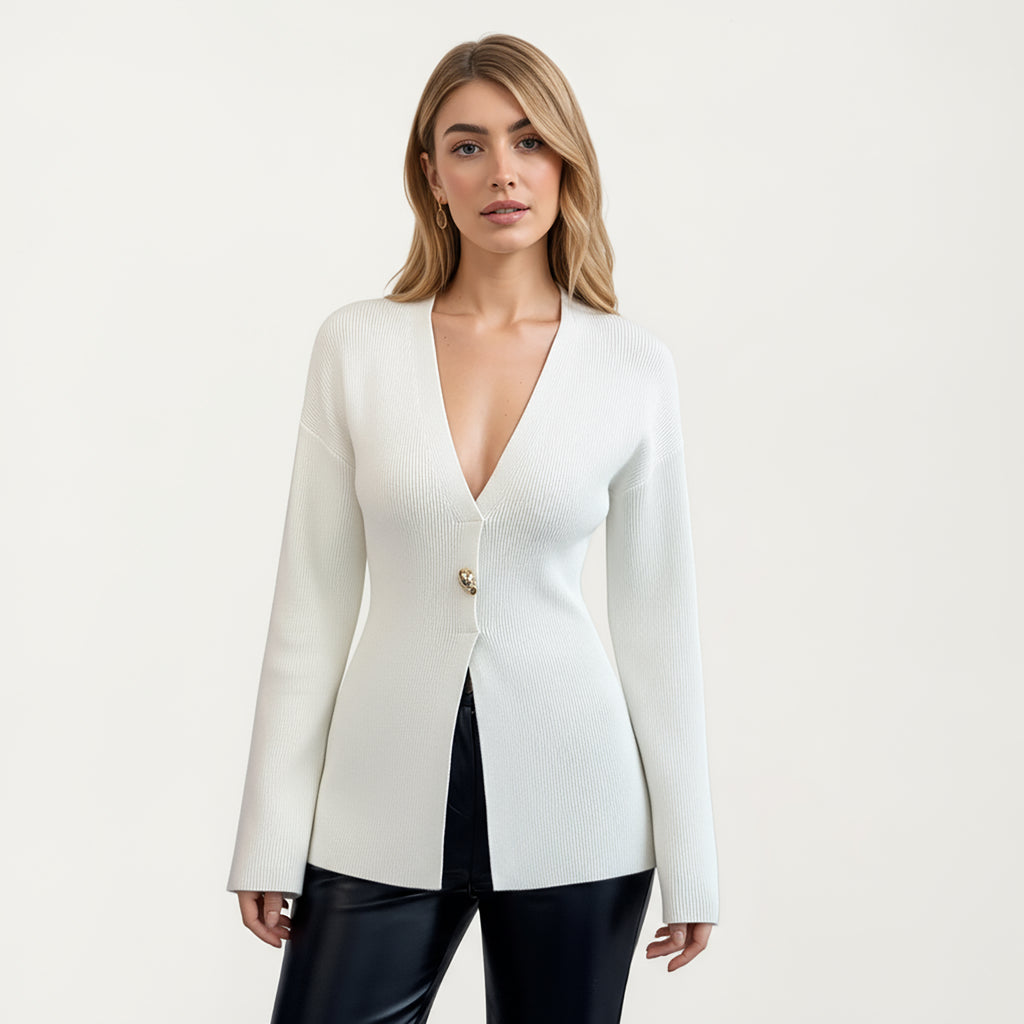 Anna-Kaci Women¡¯s Deep V-Neck Ribbed Knit Top with Single Statement Button and Structured Front Opening