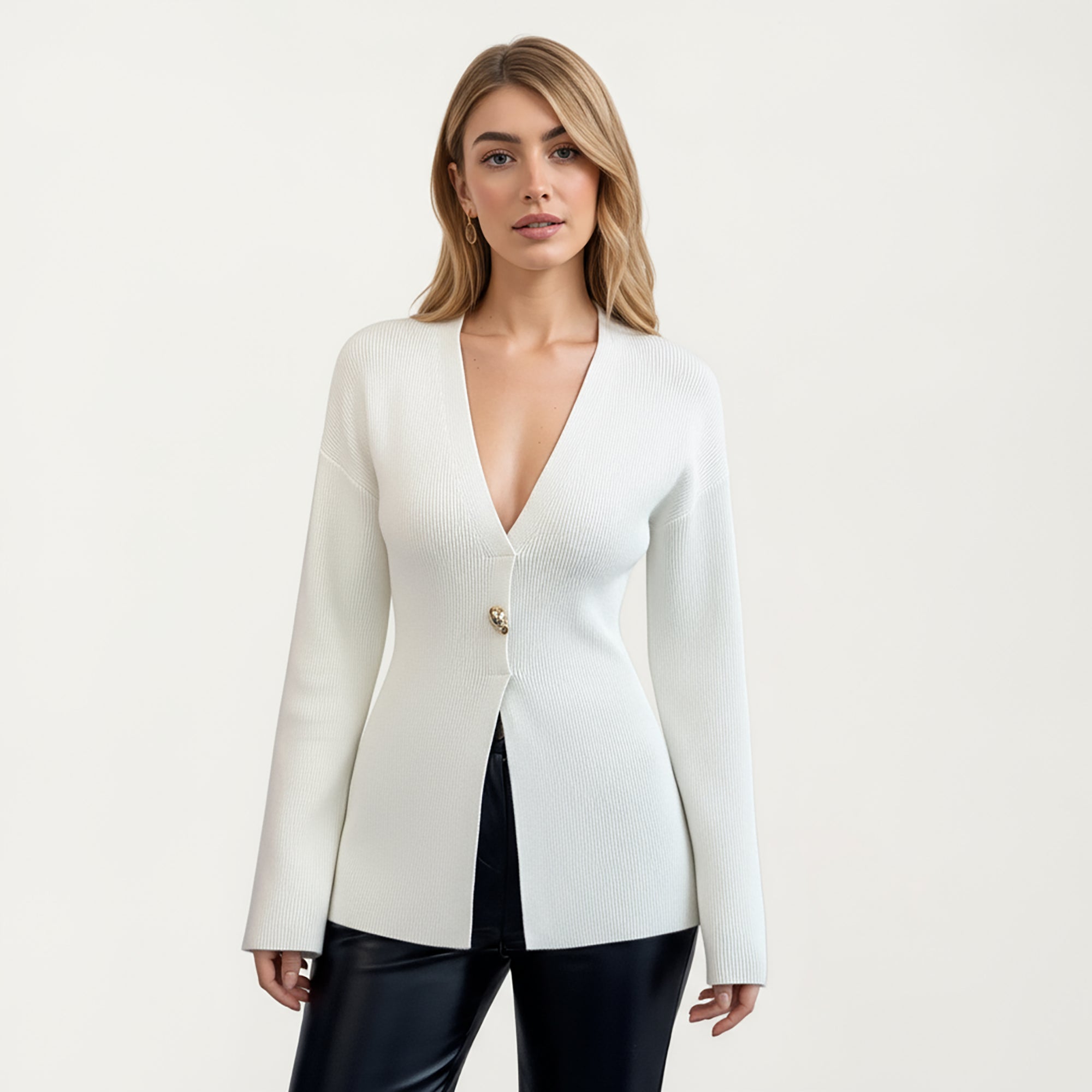 Anna-Kaci Women¡¯s Deep V-Neck Ribbed Knit Top with Single Statement Button and Structured Front Opening