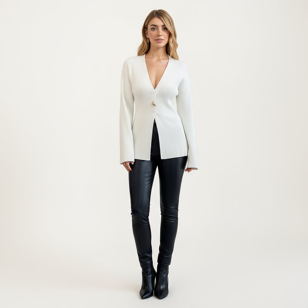 Anna-Kaci Women¡¯s Deep V-Neck Ribbed Knit Top with Single Statement Button and Structured Front Opening