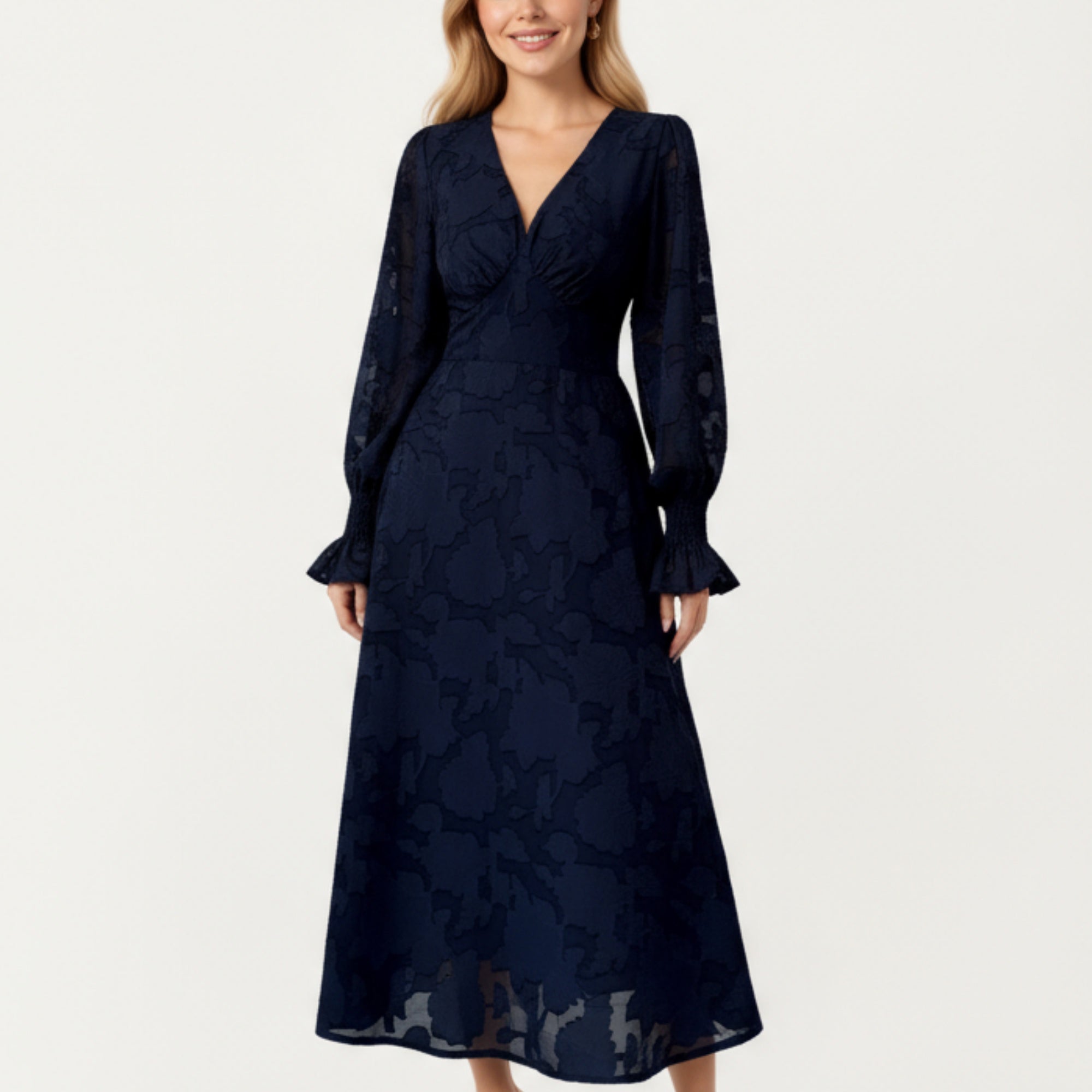 Anna-Kaci Women¡¯s Textured Jacquard Long Sleeve Dress with Deep V-Neckline, Fitted Waist Detail and Flowing Midi Silhouette