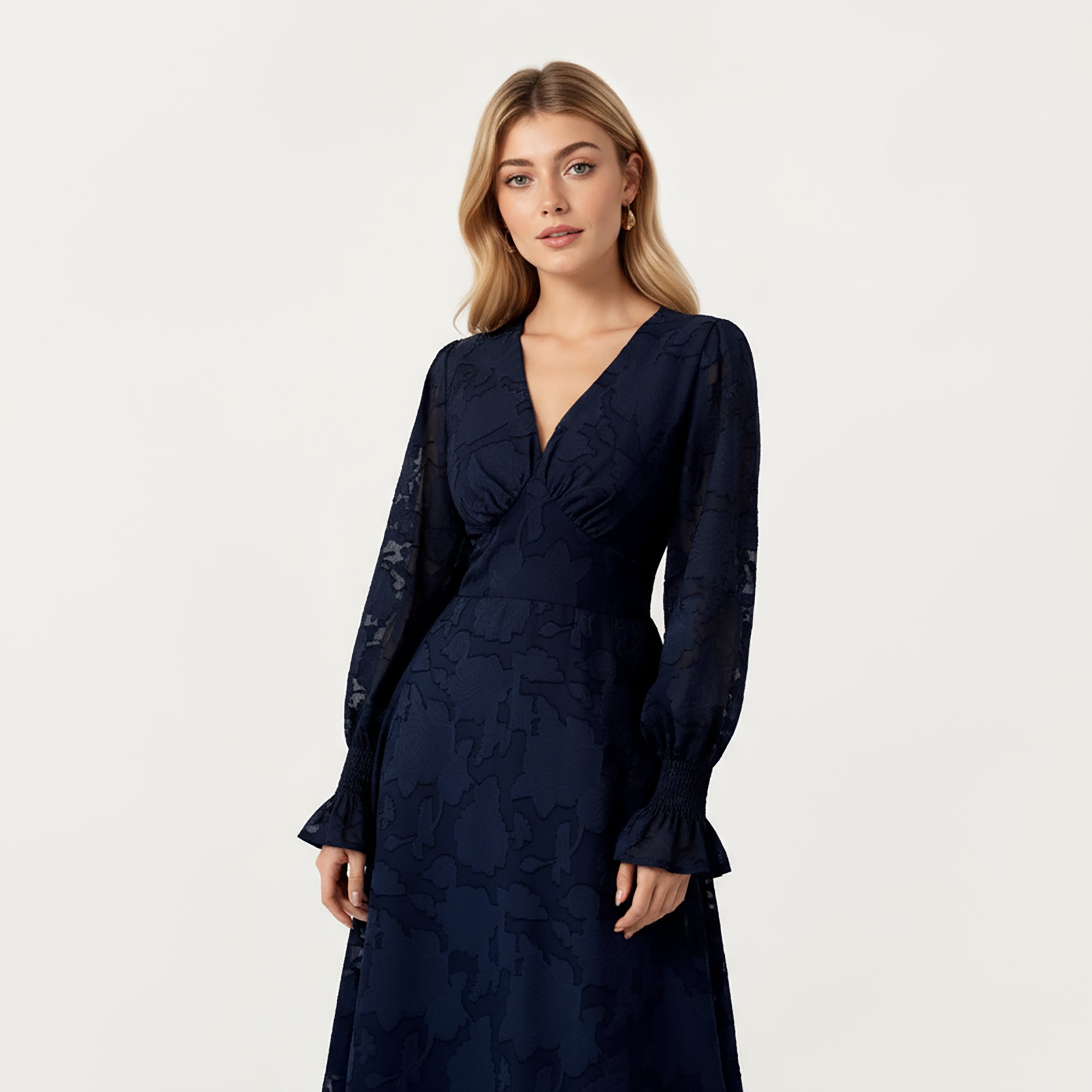 Anna-Kaci Women¡¯s Textured Jacquard Long Sleeve Dress with Deep V-Neckline, Fitted Waist Detail and Flowing Midi Silhouette