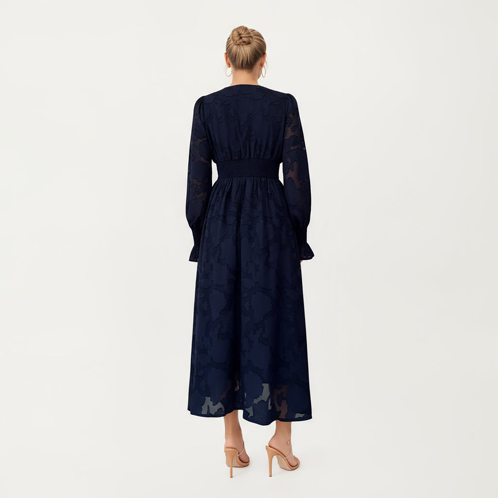 Anna-Kaci Women¡¯s Textured Jacquard Long Sleeve Dress with Deep V-Neckline, Fitted Waist Detail and Flowing Midi Silhouette