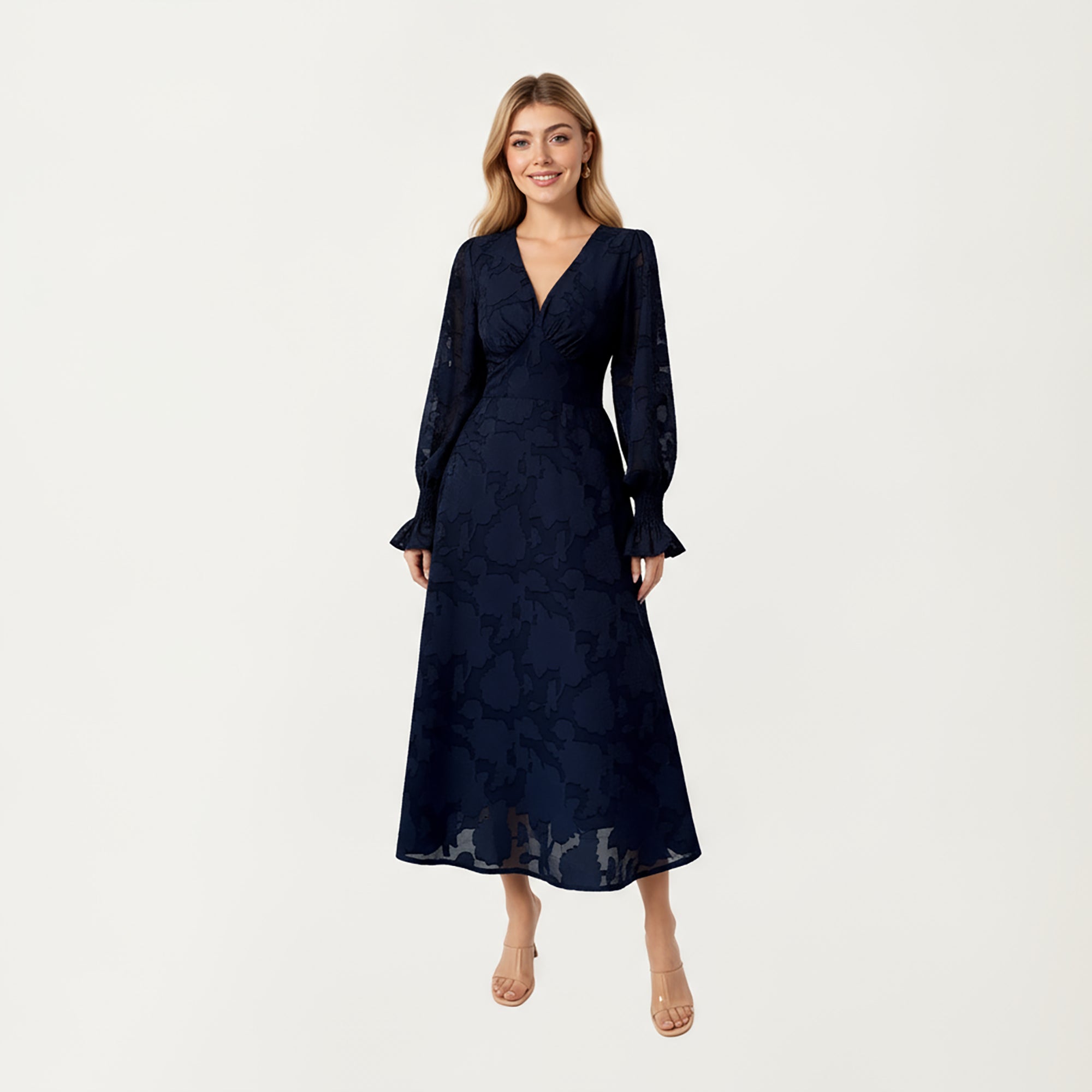 Anna-Kaci Women¡¯s Textured Jacquard Long Sleeve Dress with Deep V-Neckline, Fitted Waist Detail and Flowing Midi Silhouette