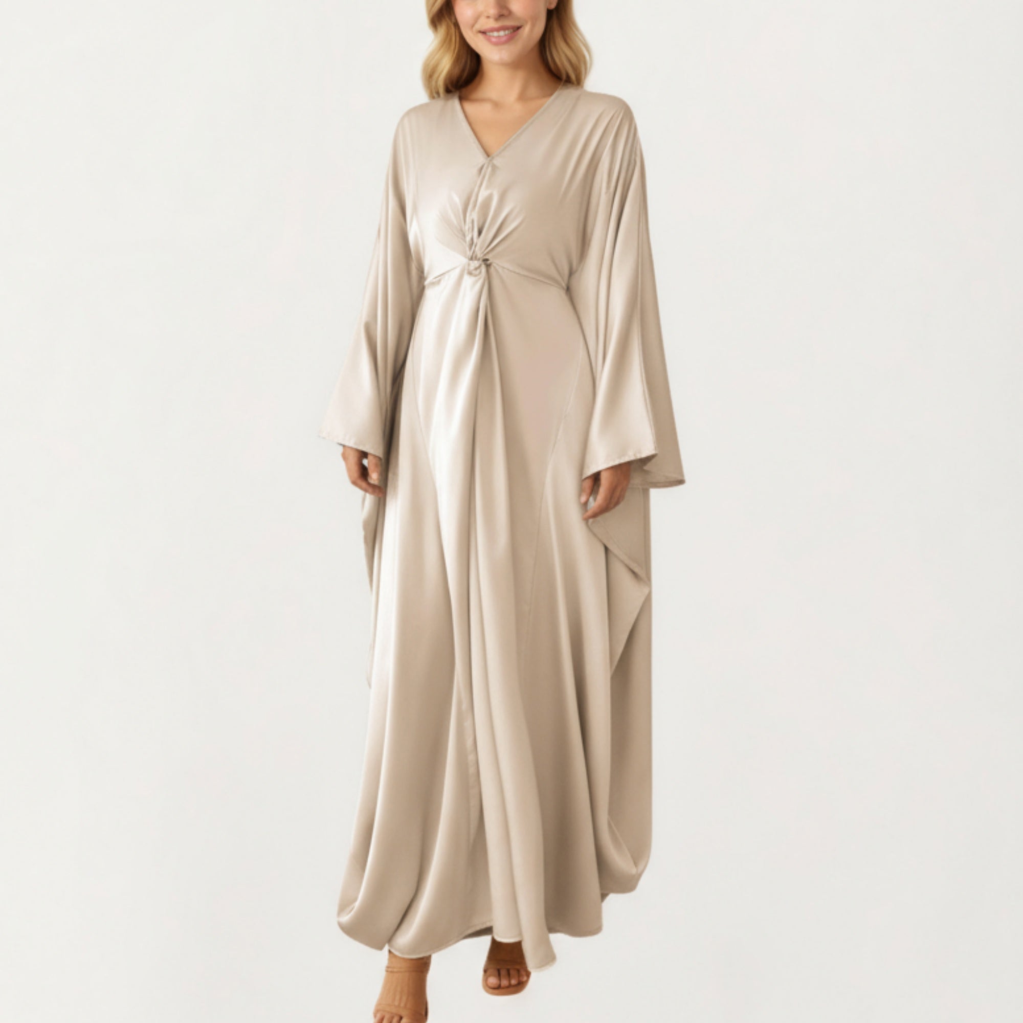 Anna-Kaci Women¡¯s Satin Draped Maxi Dress with Knot Front Detail, Flowing Wide Sleeves and Soft Fluid Silhouette