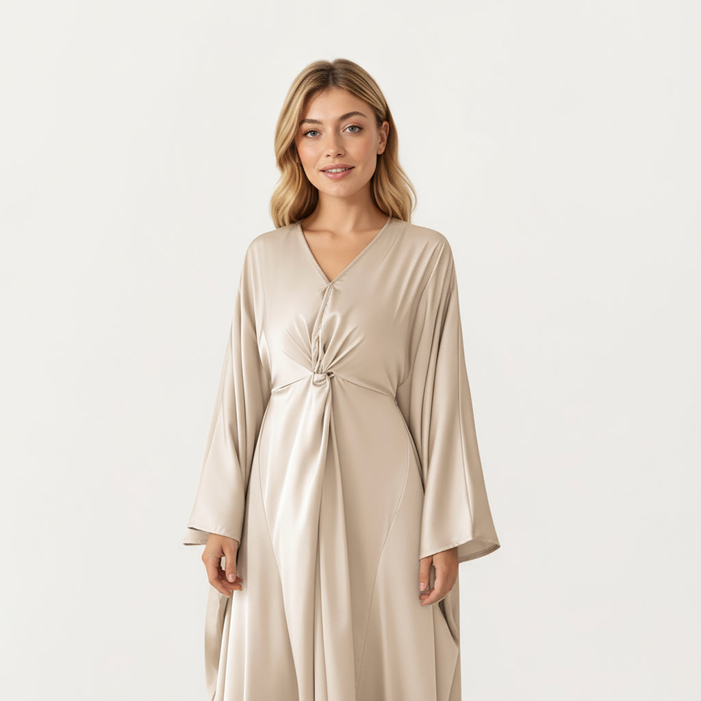 Anna-Kaci Women¡¯s Satin Draped Maxi Dress with Knot Front Detail, Flowing Wide Sleeves and Soft Fluid Silhouette