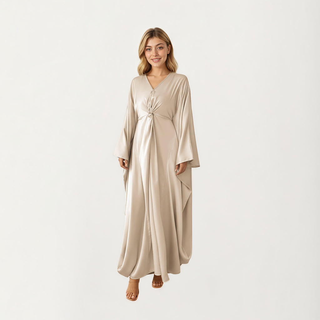 Anna-Kaci Women¡¯s Satin Draped Maxi Dress with Knot Front Detail, Flowing Wide Sleeves and Soft Fluid Silhouette