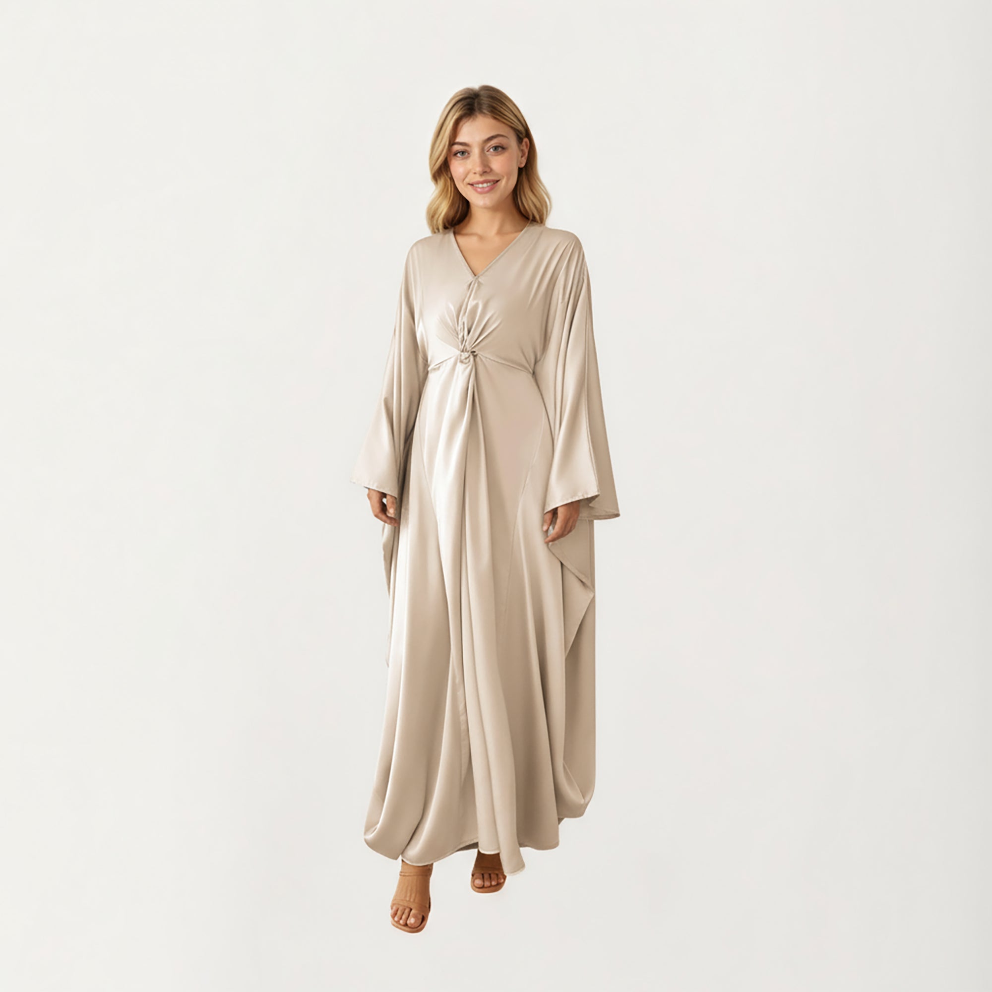 Anna-Kaci Women¡¯s Satin Draped Maxi Dress with Knot Front Detail, Flowing Wide Sleeves and Soft Fluid Silhouette