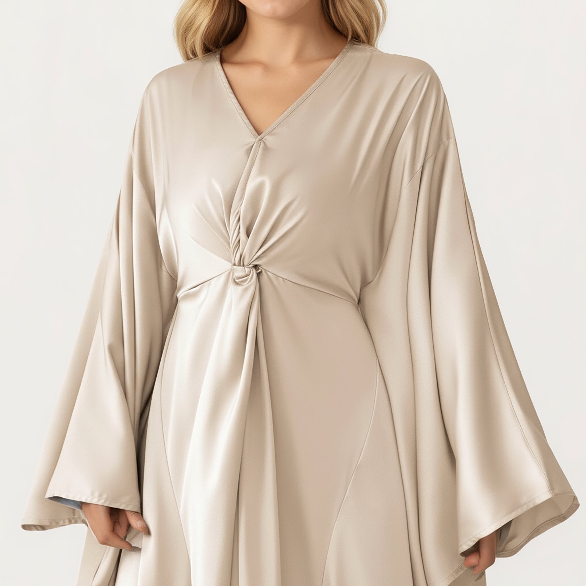 Anna-Kaci Women¡¯s Satin Draped Maxi Dress with Knot Front Detail, Flowing Wide Sleeves and Soft Fluid Silhouette