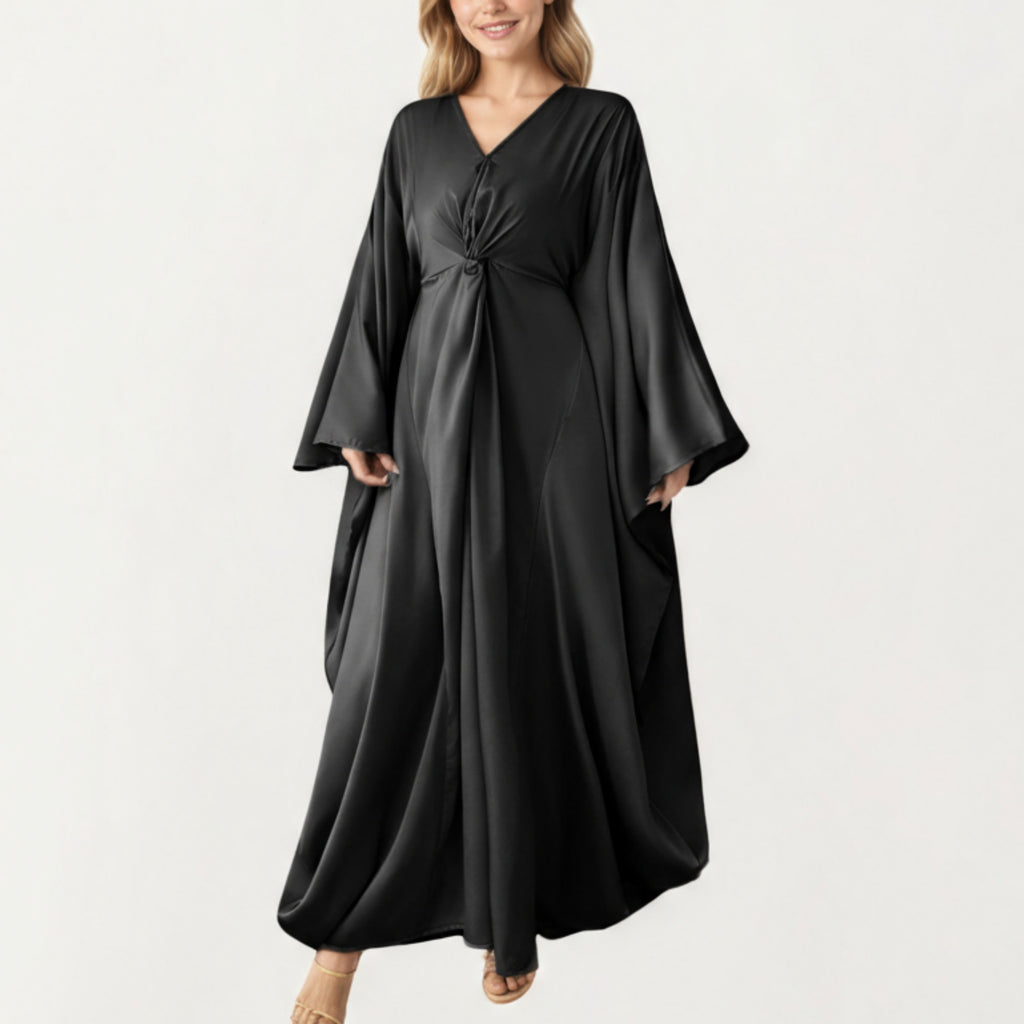 Anna-Kaci Women¡¯s Satin Draped Maxi Dress with Knot Front Detail, Flowing Wide Sleeves and Soft Fluid Silhouette