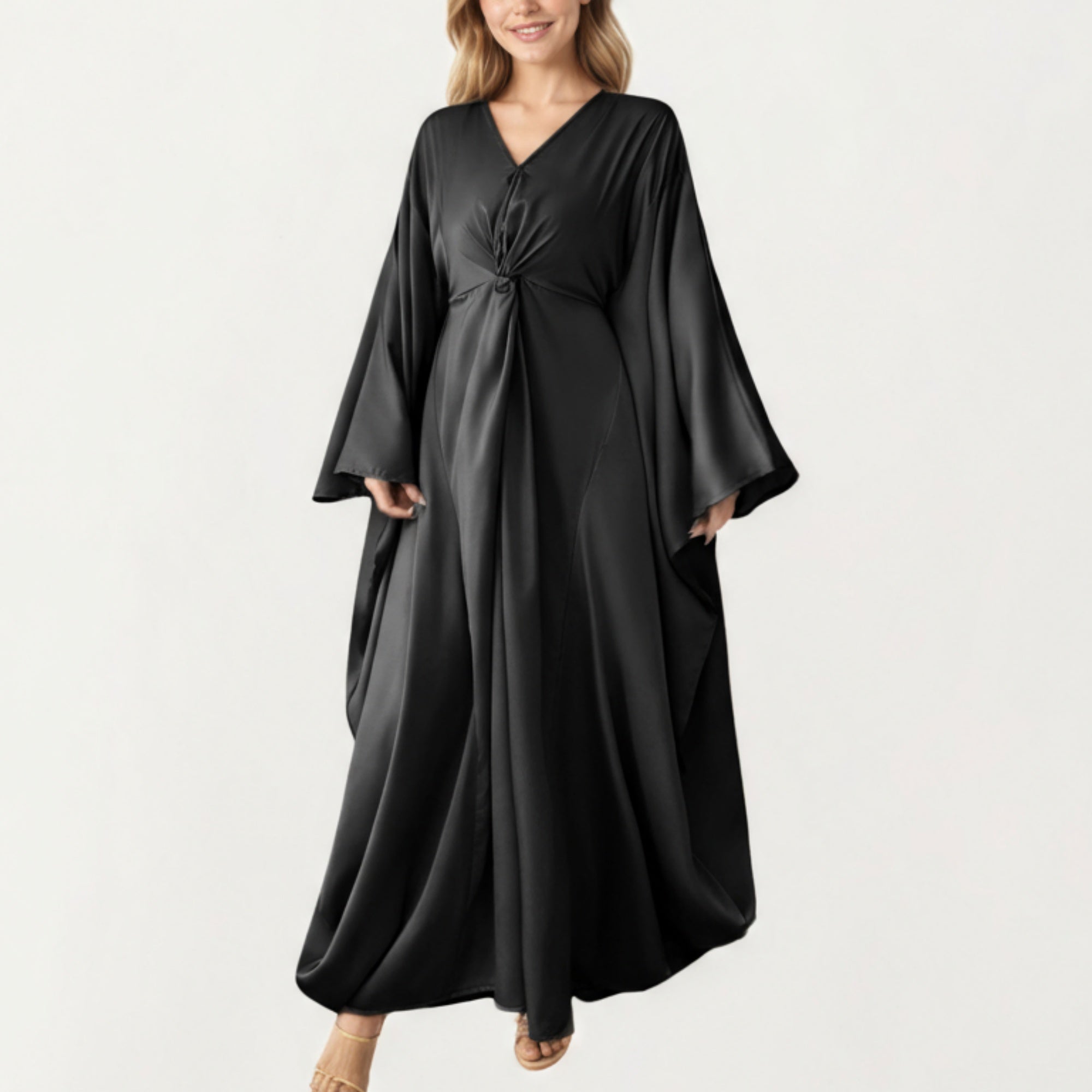 Anna-Kaci Women¡¯s Satin Draped Maxi Dress with Knot Front Detail, Flowing Wide Sleeves and Soft Fluid Silhouette