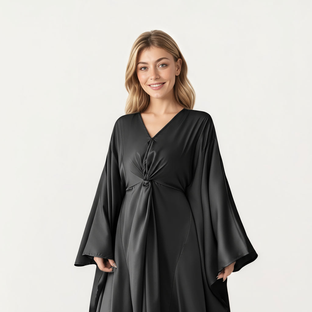 Anna-Kaci Women¡¯s Satin Draped Maxi Dress with Knot Front Detail, Flowing Wide Sleeves and Soft Fluid Silhouette