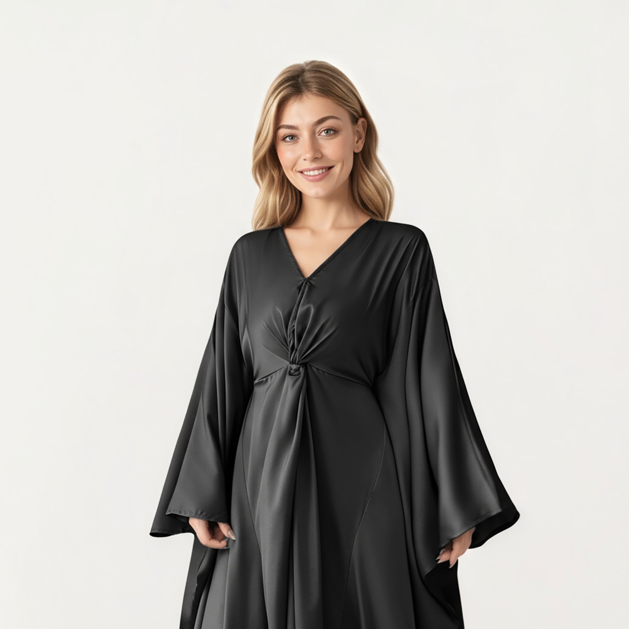Anna-Kaci Women¡¯s Satin Draped Maxi Dress with Knot Front Detail, Flowing Wide Sleeves and Soft Fluid Silhouette