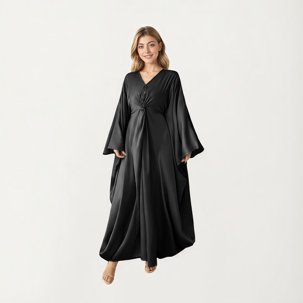 Anna-Kaci Women¡¯s Satin Draped Maxi Dress with Knot Front Detail, Flowing Wide Sleeves and Soft Fluid Silhouette