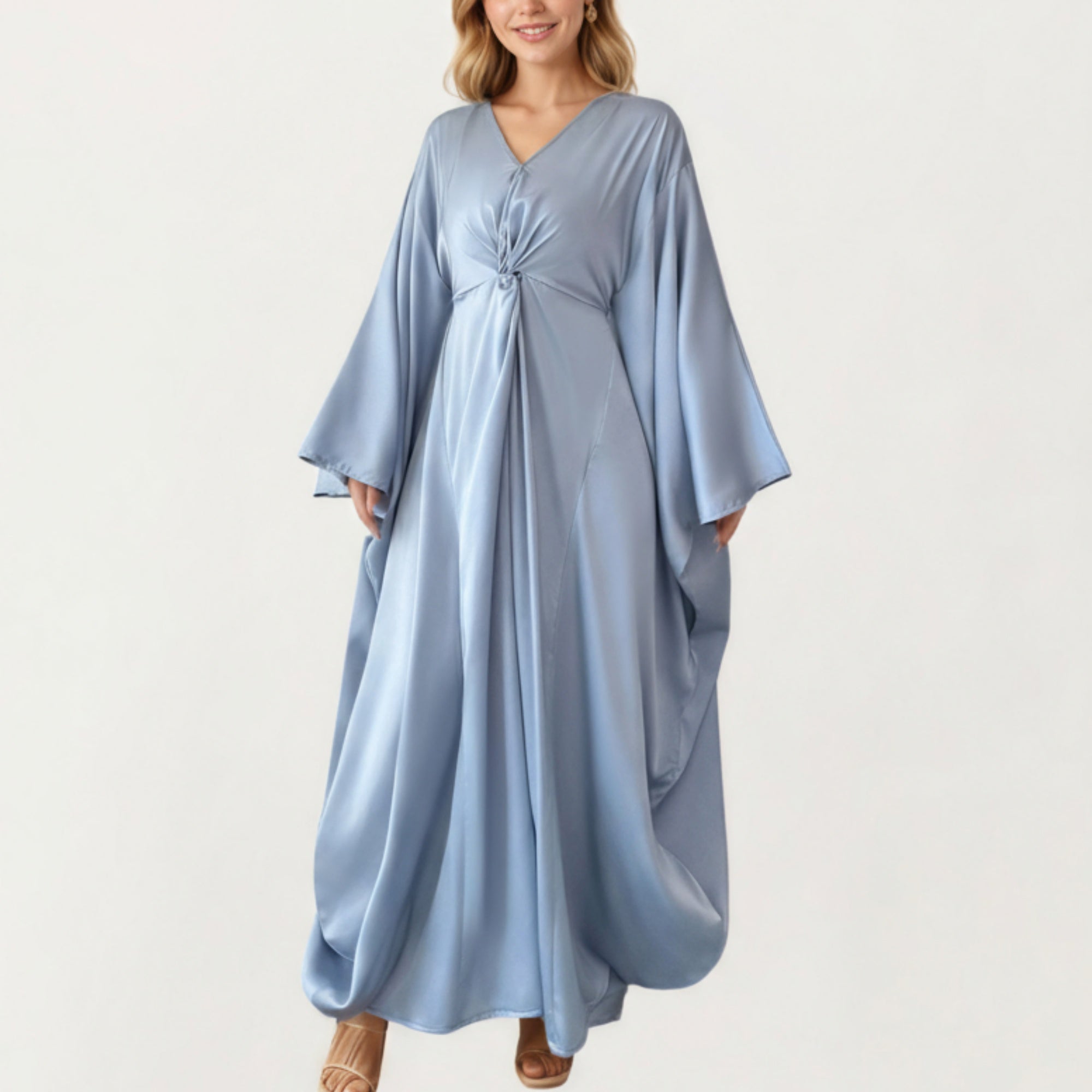 Anna-Kaci Women¡¯s Satin Draped Maxi Dress with Knot Front Detail, Flowing Wide Sleeves and Soft Fluid Silhouette