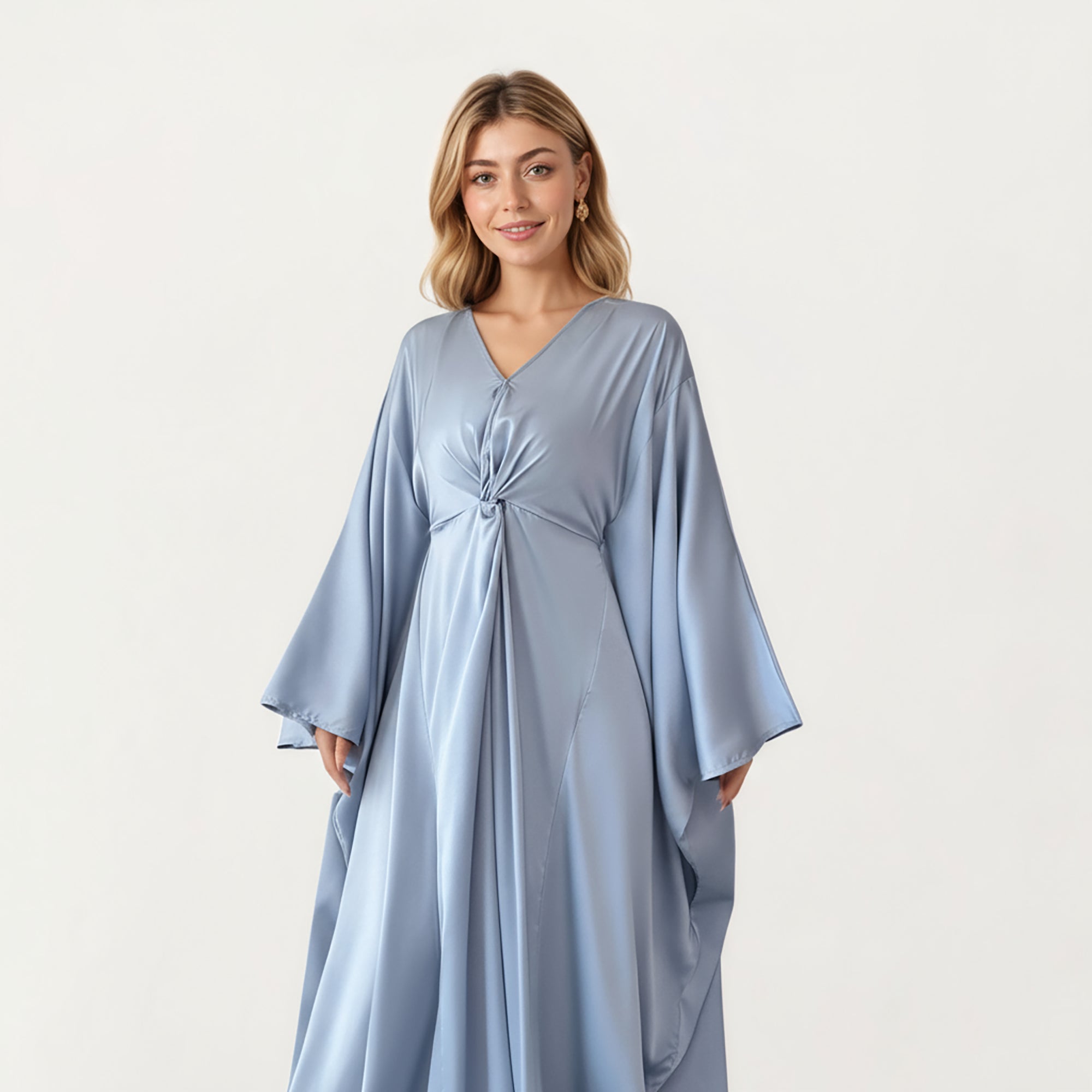 Anna-Kaci Women¡¯s Satin Draped Maxi Dress with Knot Front Detail, Flowing Wide Sleeves and Soft Fluid Silhouette
