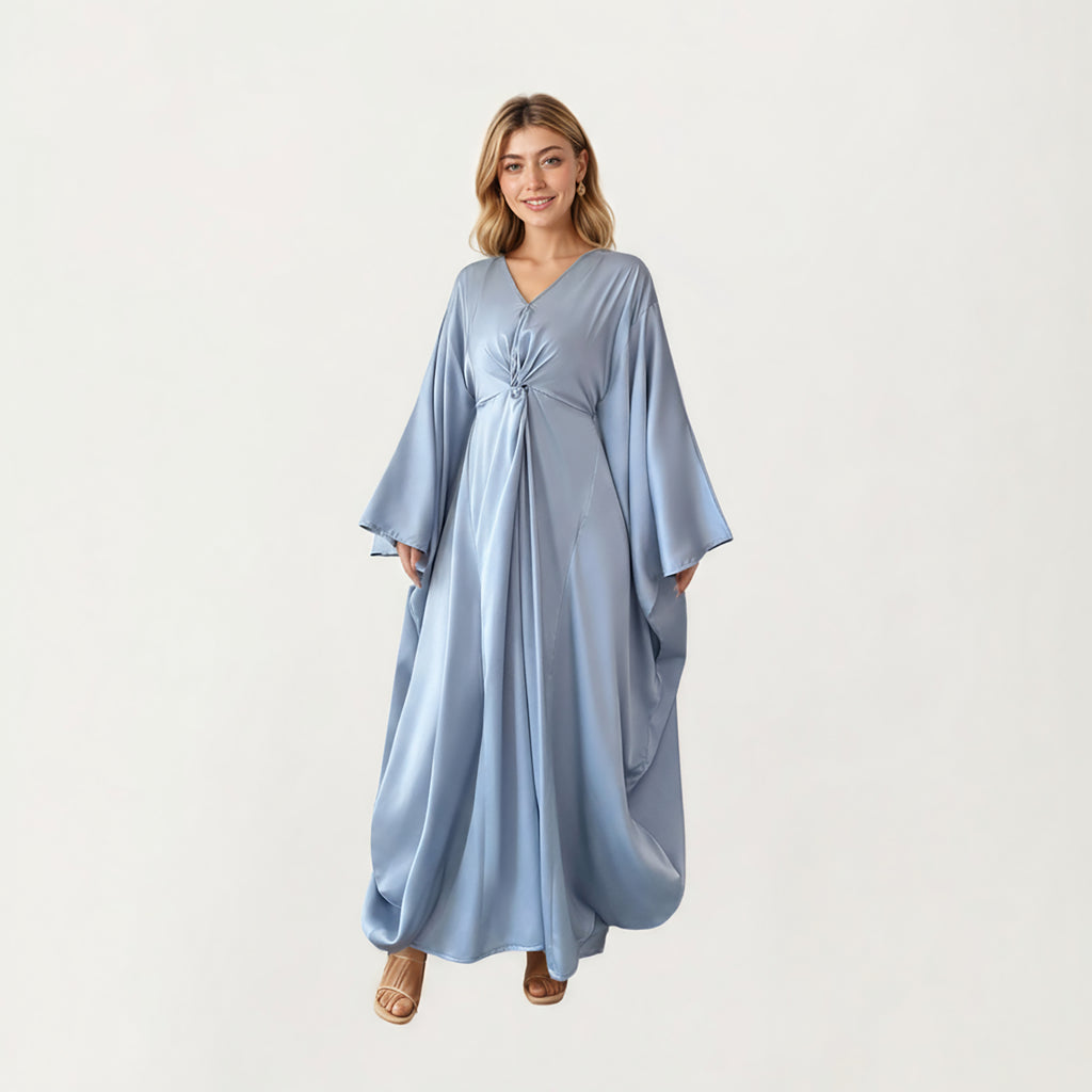 Anna-Kaci Women¡¯s Satin Draped Maxi Dress with Knot Front Detail, Flowing Wide Sleeves and Soft Fluid Silhouette