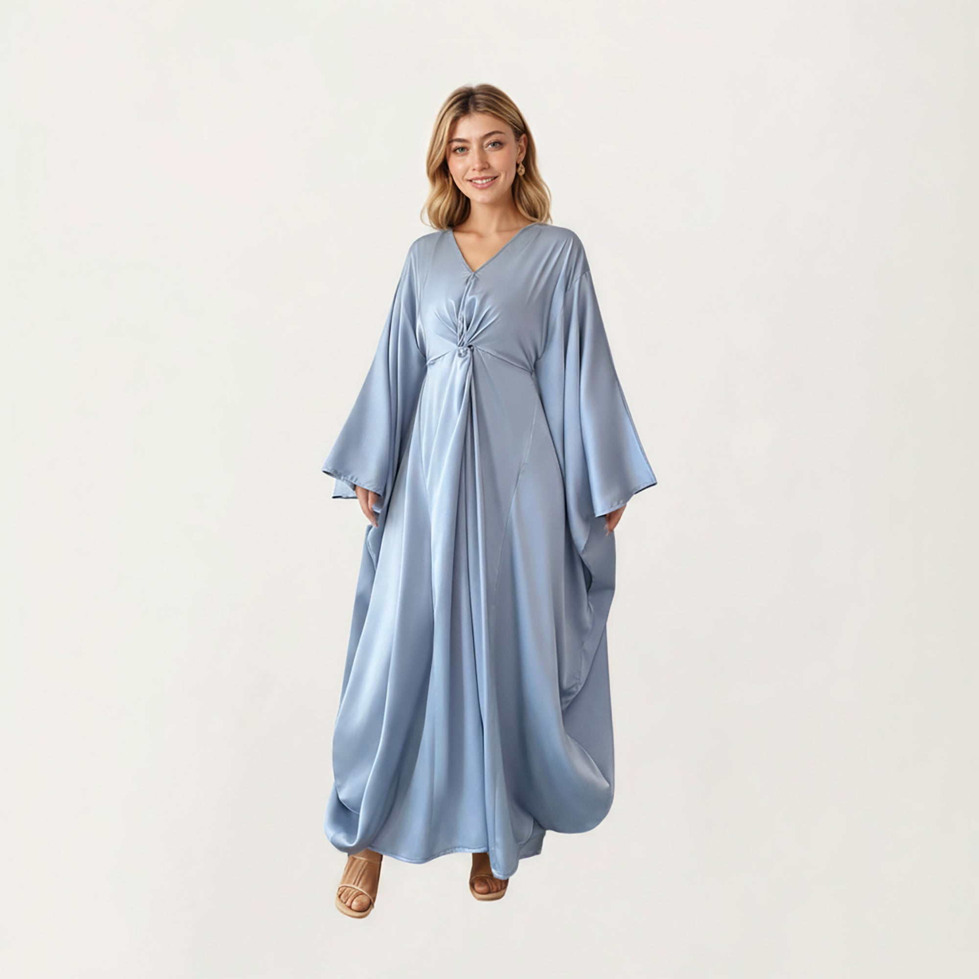 Anna-Kaci Women¡¯s Satin Draped Maxi Dress with Knot Front Detail, Flowing Wide Sleeves and Soft Fluid Silhouette