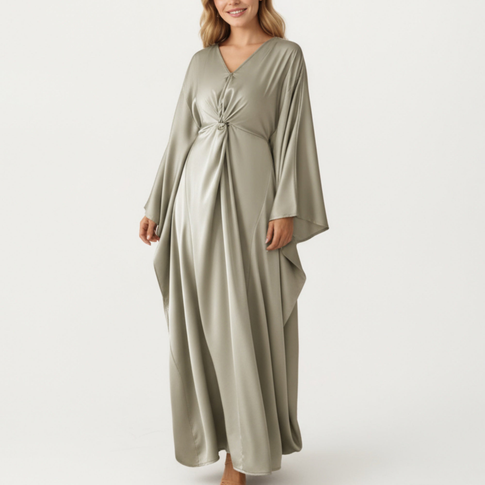 Anna-Kaci Women¡¯s Satin Draped Maxi Dress with Knot Front Detail, Flowing Wide Sleeves and Soft Fluid Silhouette