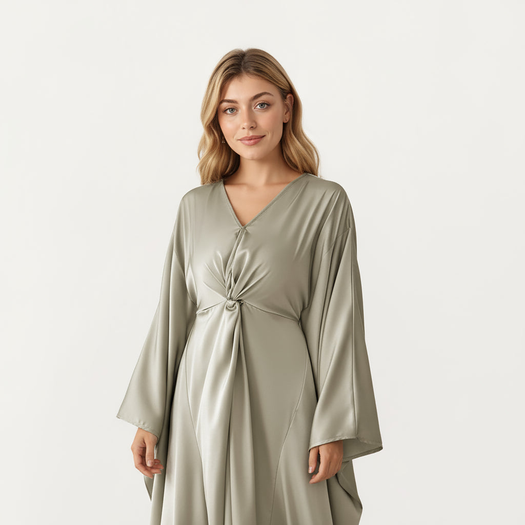 Anna-Kaci Women¡¯s Satin Draped Maxi Dress with Knot Front Detail, Flowing Wide Sleeves and Soft Fluid Silhouette