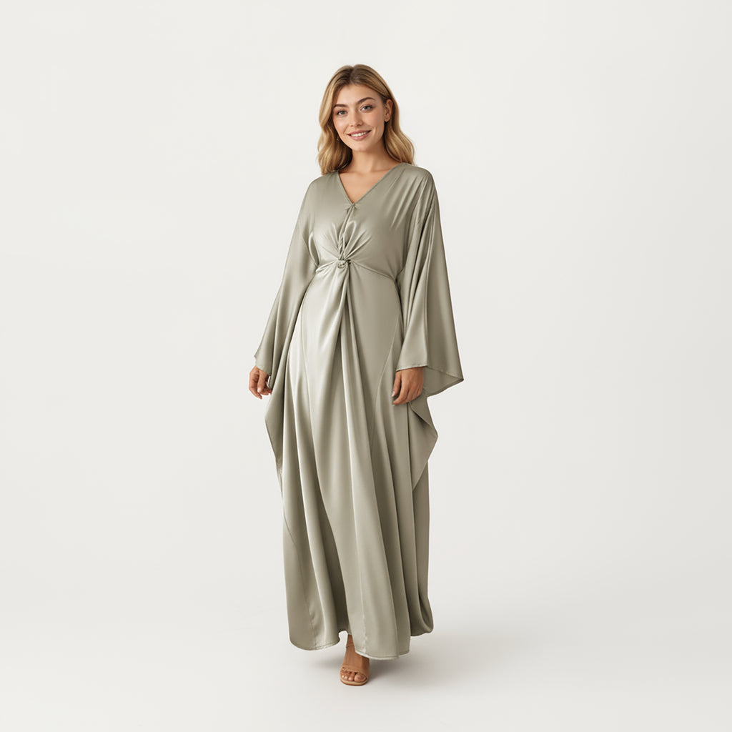 Anna-Kaci Women¡¯s Satin Draped Maxi Dress with Knot Front Detail, Flowing Wide Sleeves and Soft Fluid Silhouette