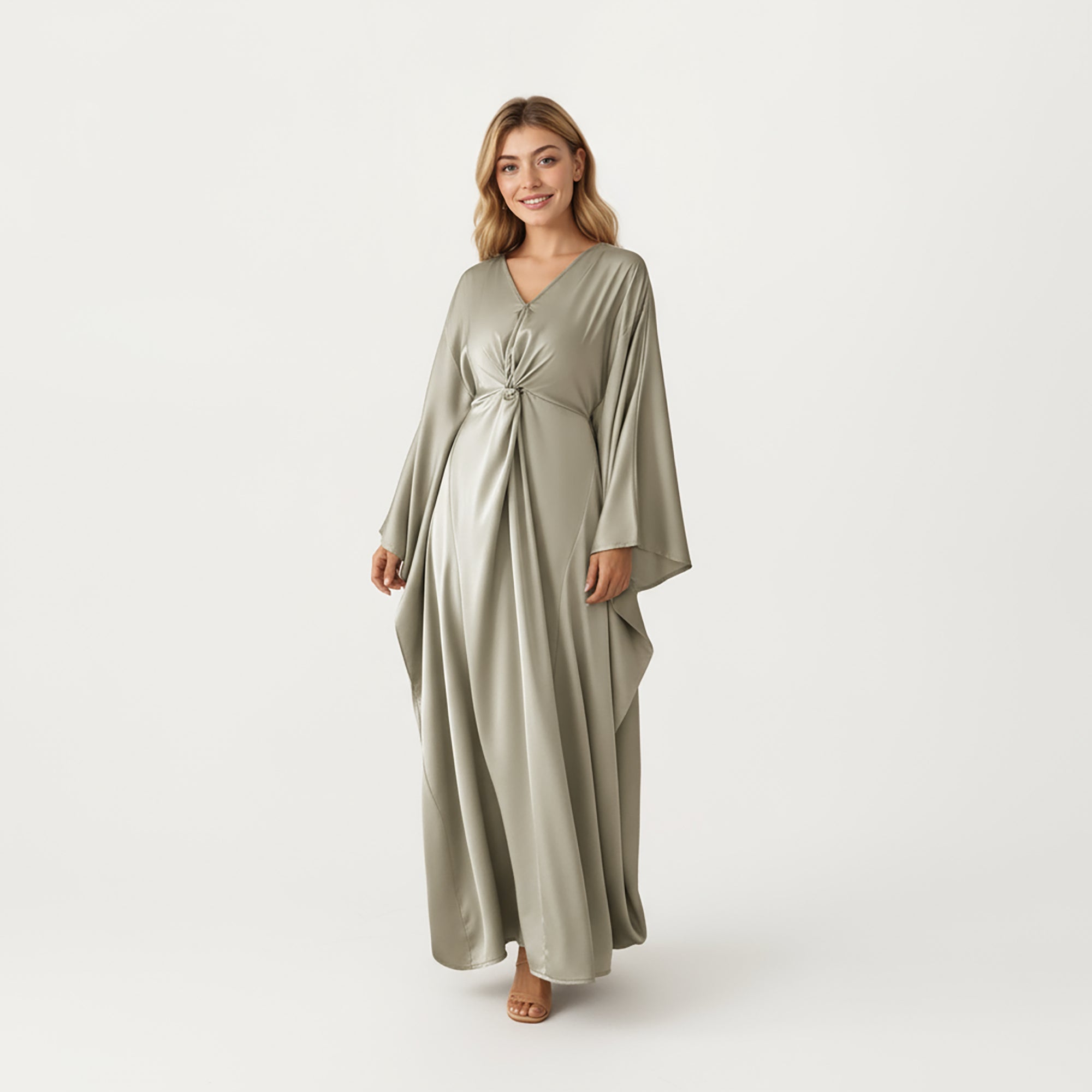Anna-Kaci Women¡¯s Satin Draped Maxi Dress with Knot Front Detail, Flowing Wide Sleeves and Soft Fluid Silhouette