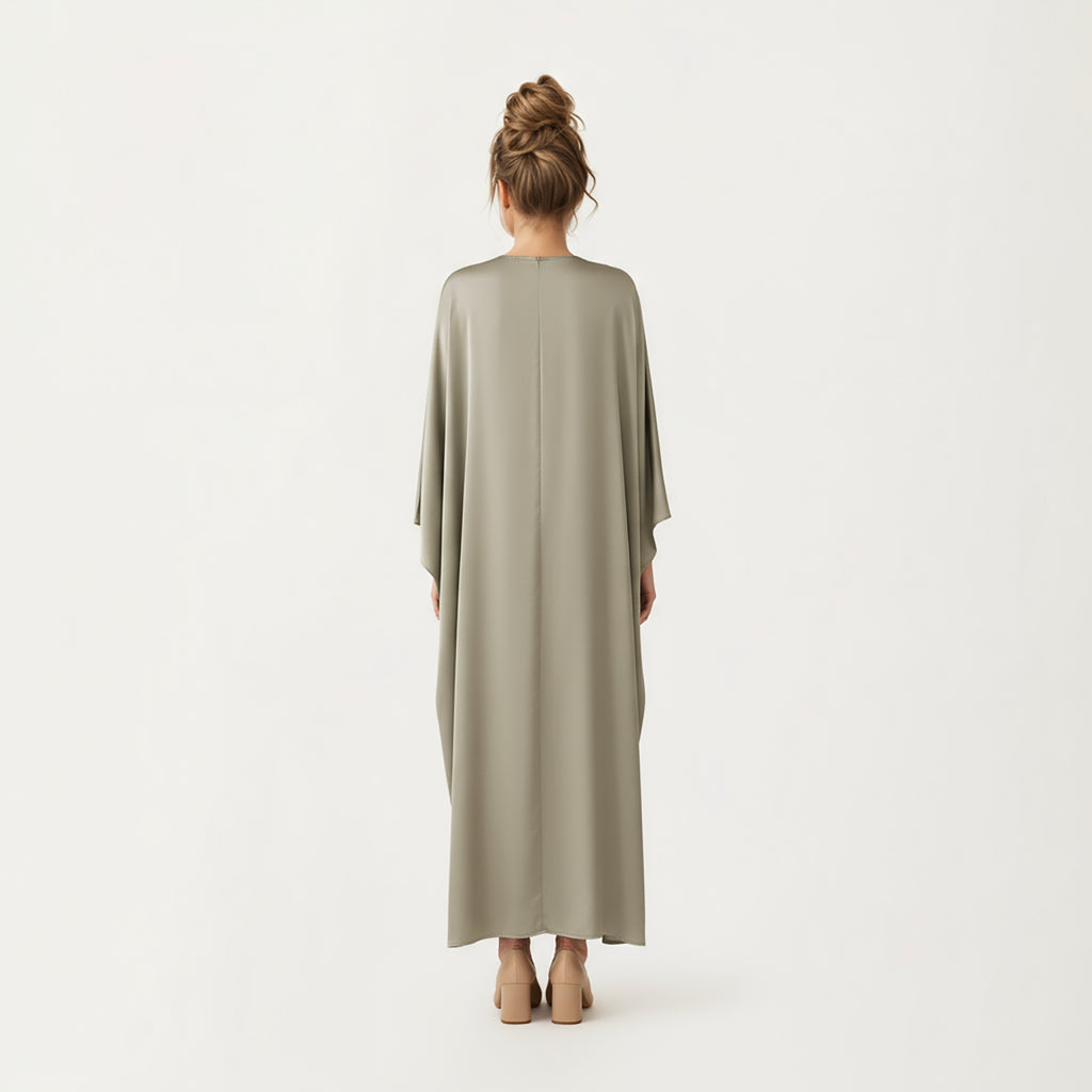 Anna-Kaci Women¡¯s Satin Draped Maxi Dress with Knot Front Detail, Flowing Wide Sleeves and Soft Fluid Silhouette