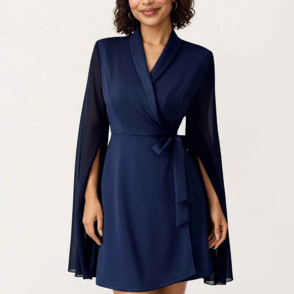 Anna-Kaci Women¡¯s Wrap Front Mini Dress with Draped Cape Sleeves, Soft Fluid Fabric and Tie Waist Detail for a Refined Silhouette