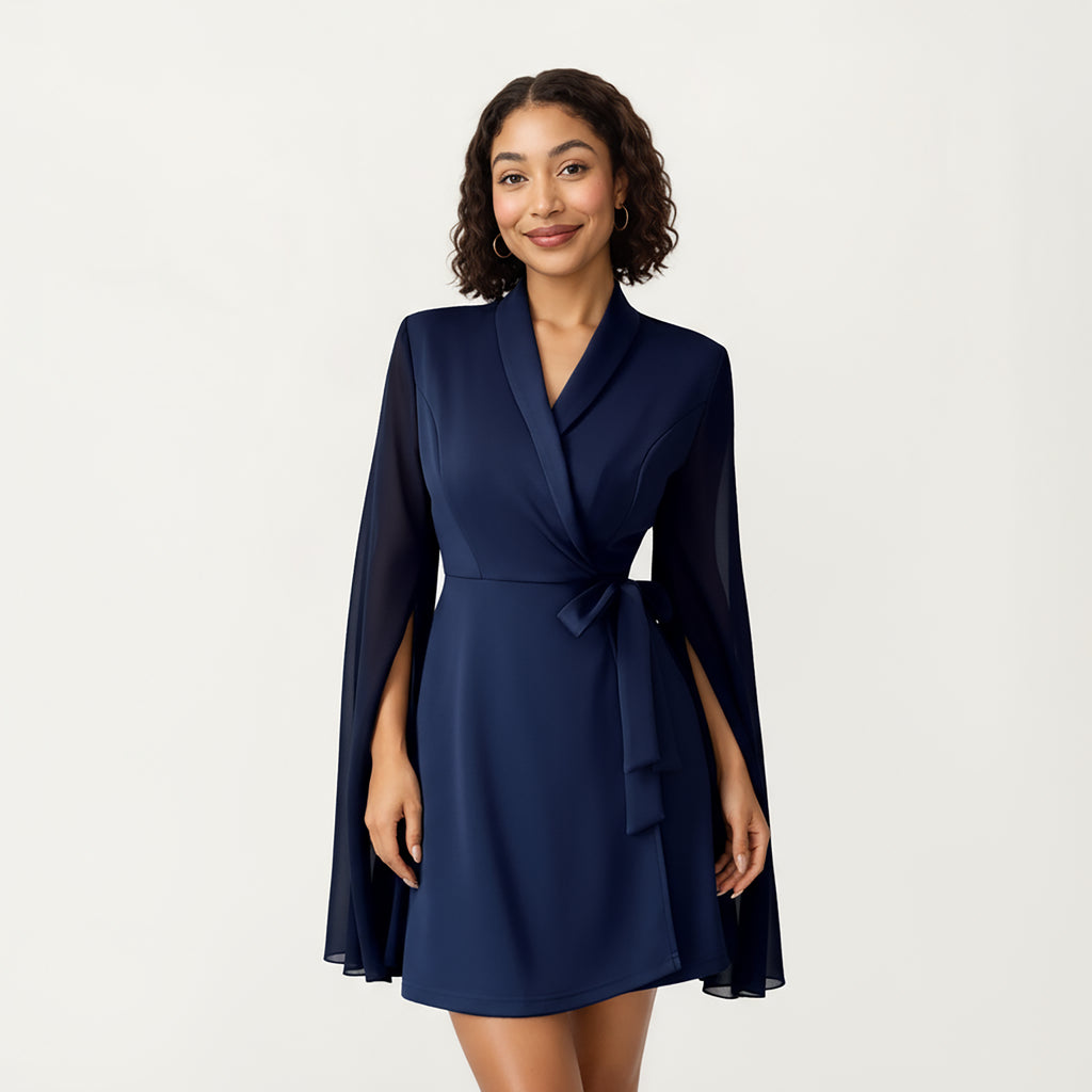 Anna-Kaci Women¡¯s Wrap Front Mini Dress with Draped Cape Sleeves, Soft Fluid Fabric and Tie Waist Detail for a Refined Silhouette