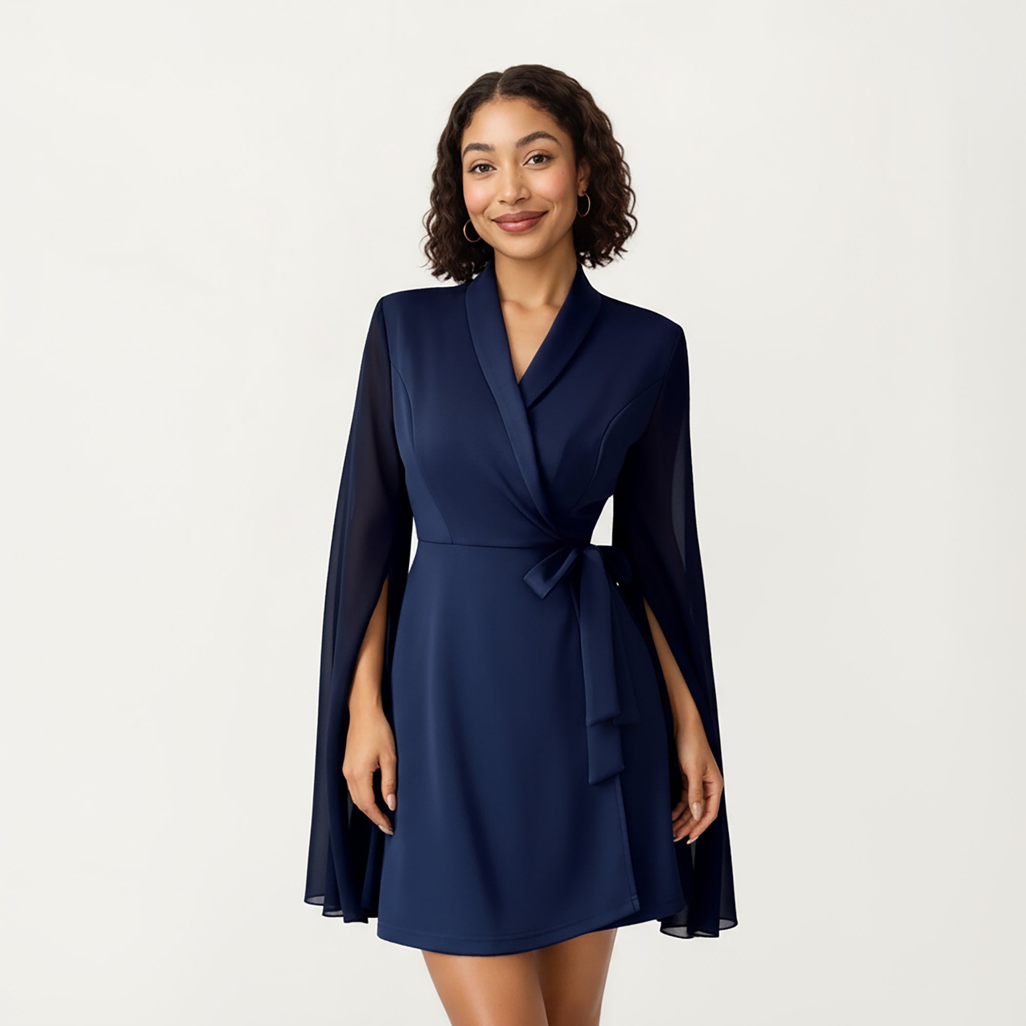 Anna-Kaci Women¡¯s Wrap Front Mini Dress with Draped Cape Sleeves, Soft Fluid Fabric and Tie Waist Detail for a Refined Silhouette