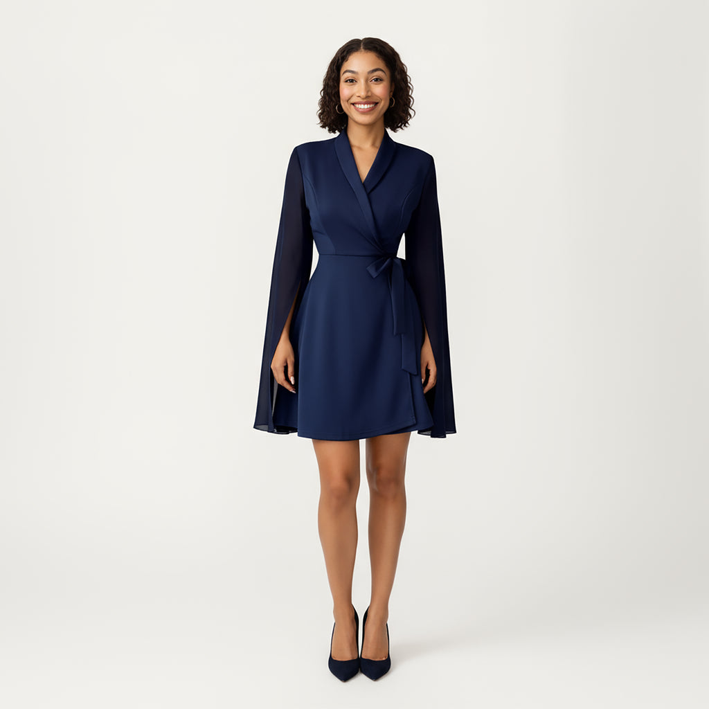 Anna-Kaci Women¡¯s Wrap Front Mini Dress with Draped Cape Sleeves, Soft Fluid Fabric and Tie Waist Detail for a Refined Silhouette