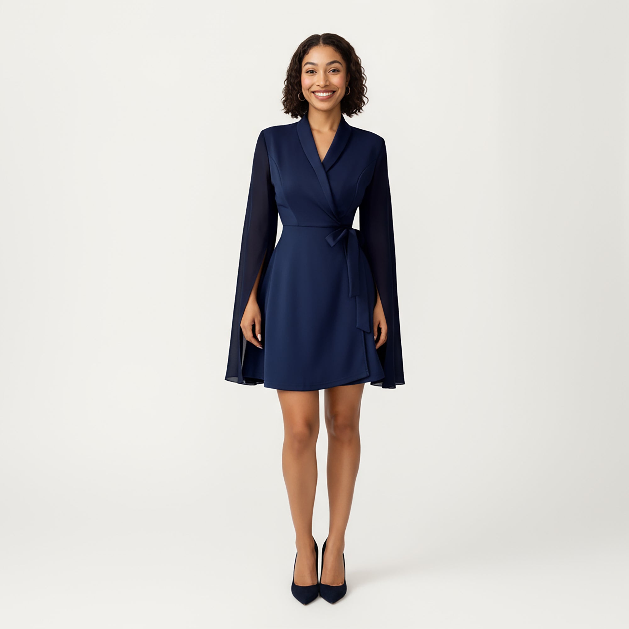 Anna-Kaci Women¡¯s Wrap Front Mini Dress with Draped Cape Sleeves, Soft Fluid Fabric and Tie Waist Detail for a Refined Silhouette