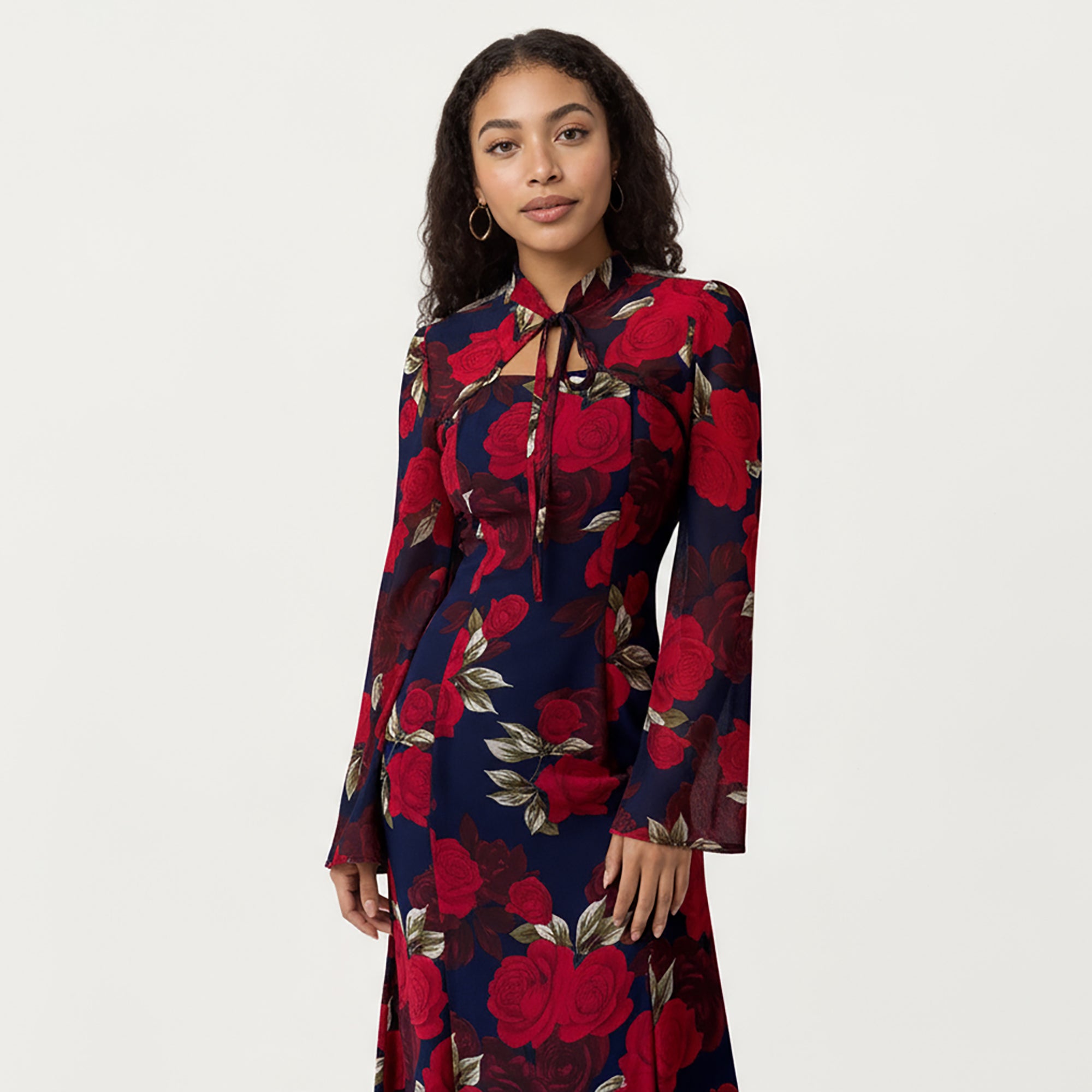 Anna-Kaci Women¡¯s Floral Print Maxi Dress with Long Flared Sleeves, High Neckline, Front Tie Detail and Flowing A-Line Silhouette