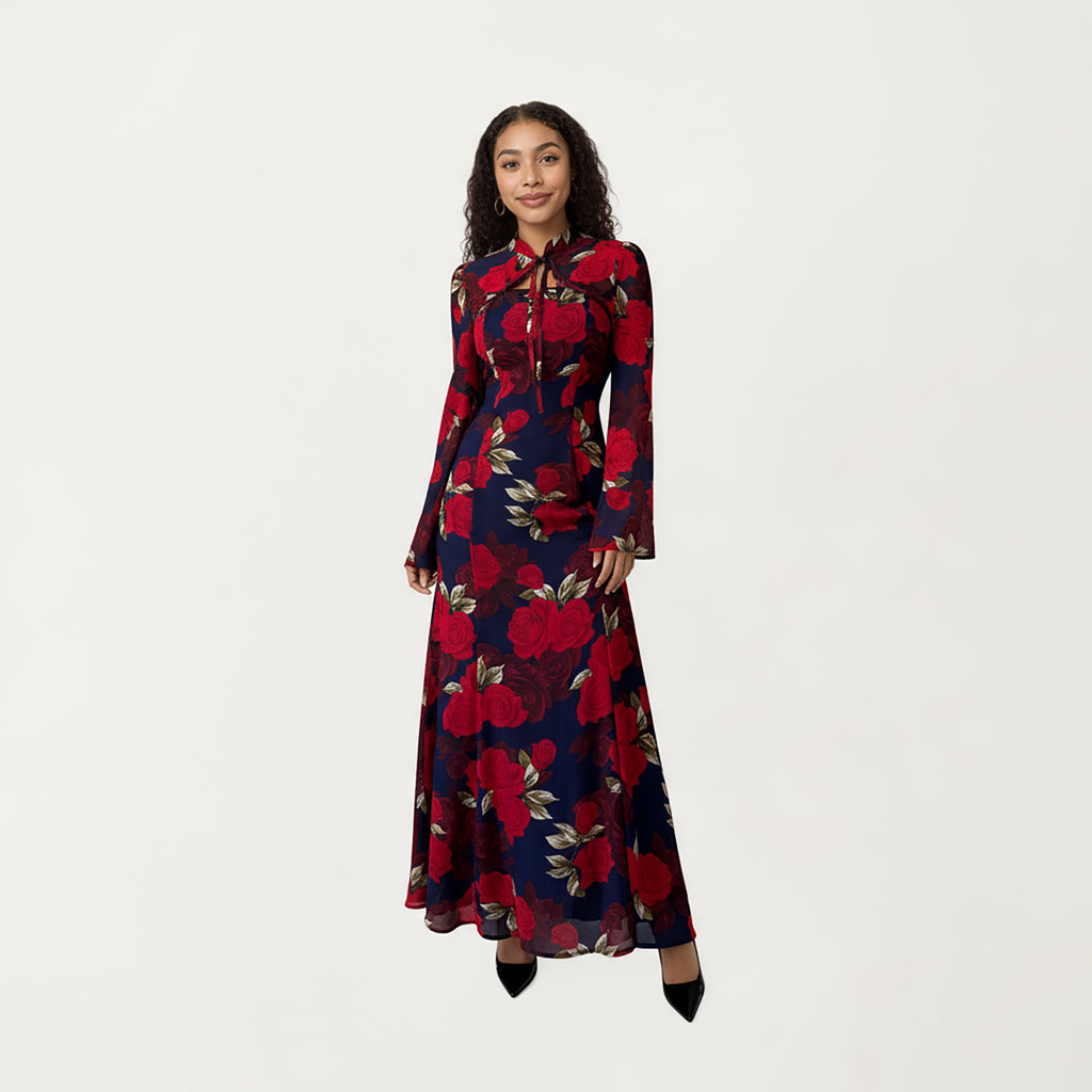 Anna-Kaci Women¡¯s Floral Print Maxi Dress with Long Flared Sleeves, High Neckline, Front Tie Detail and Flowing A-Line Silhouette
