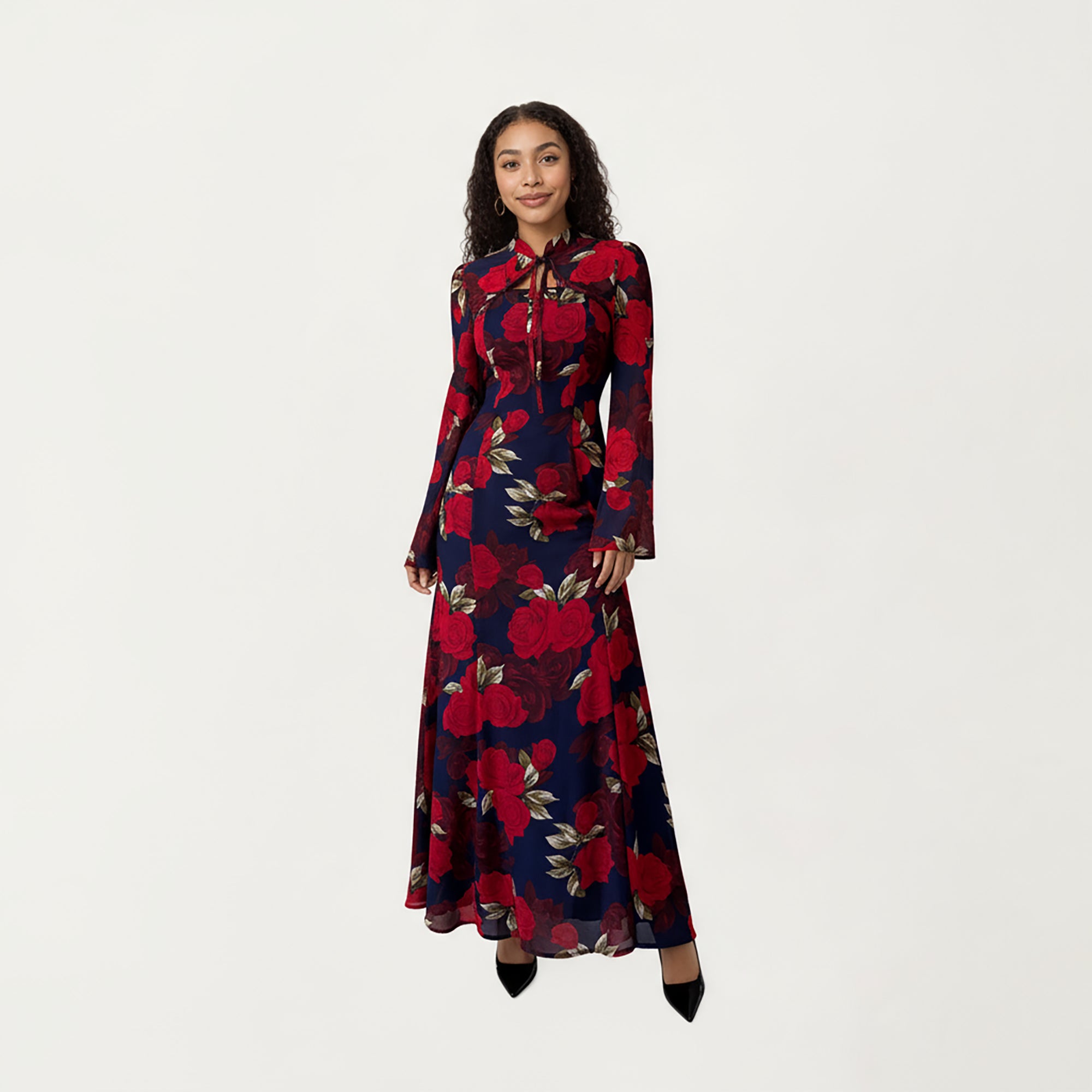 Anna-Kaci Women¡¯s Floral Print Maxi Dress with Long Flared Sleeves, High Neckline, Front Tie Detail and Flowing A-Line Silhouette