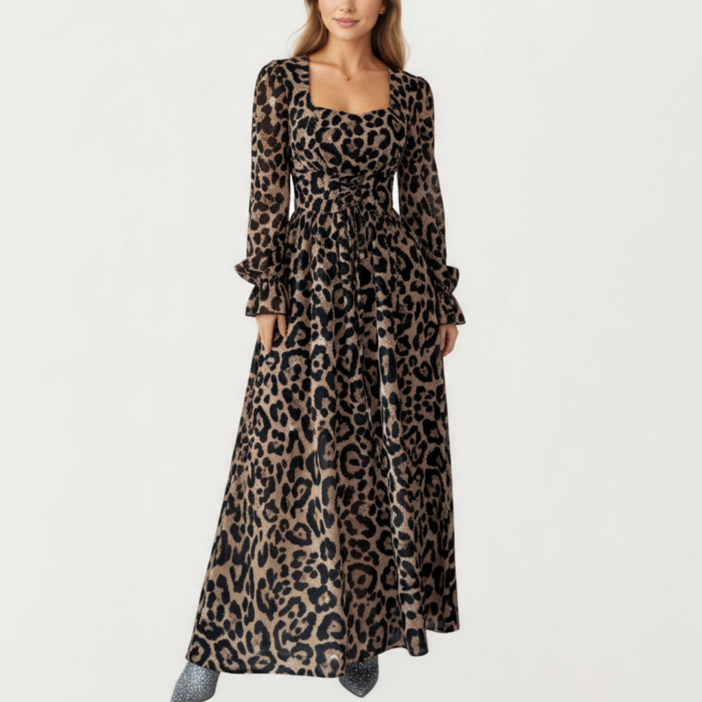 Anna-Kaci Women¡¯s Leopard Print Maxi Dress with Square Neckline, Long Ruffled Cuff Sleeves and Fitted Waist Creating a Flowing A-Line Silhouette