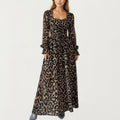 Anna-Kaci Women¡¯s Leopard Print Maxi Dress with Square Neckline, Long Ruffled Cuff Sleeves and Fitted Waist Creating a Flowing A-Line Silhouette