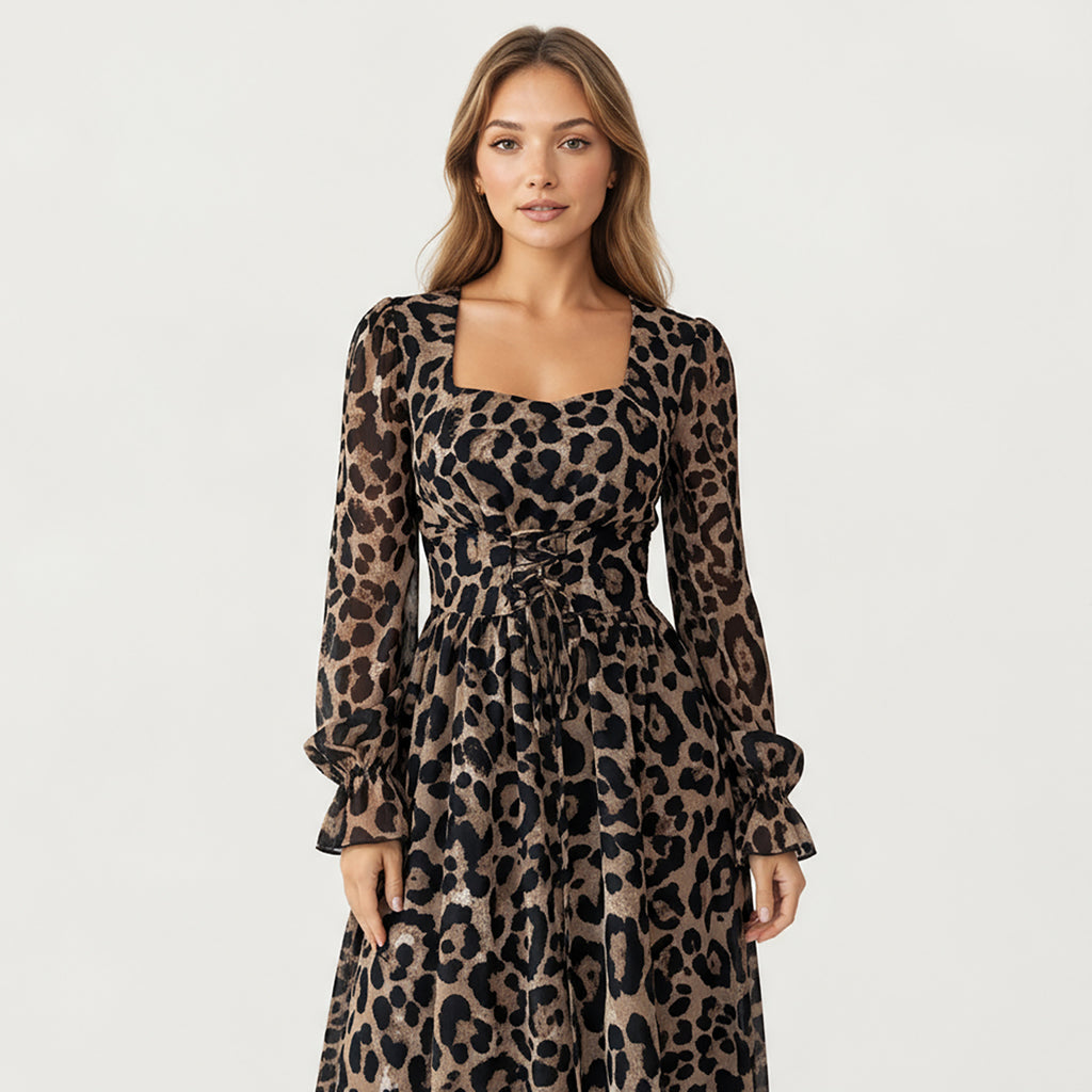 Anna-Kaci Women¡¯s Leopard Print Maxi Dress with Square Neckline, Long Ruffled Cuff Sleeves and Fitted Waist Creating a Flowing A-Line Silhouette