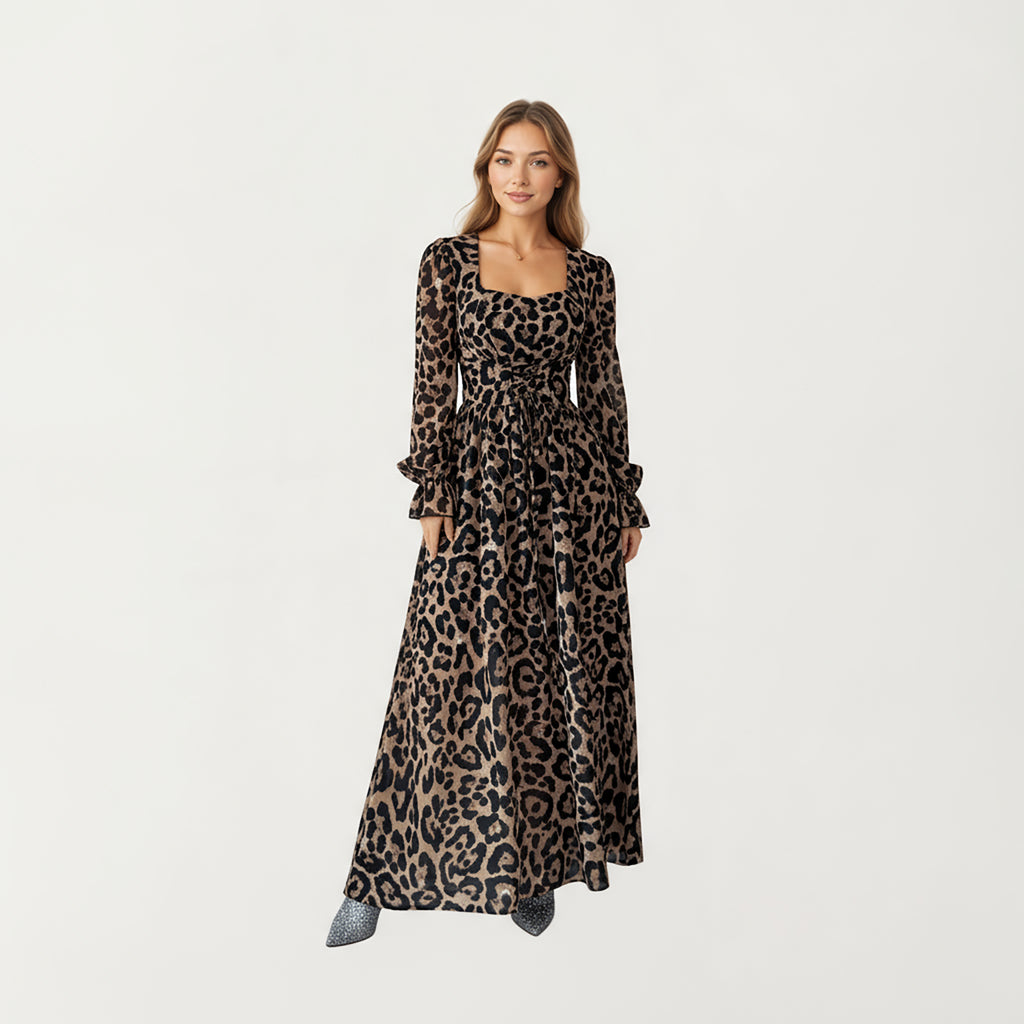Anna-Kaci Women¡¯s Leopard Print Maxi Dress with Square Neckline, Long Ruffled Cuff Sleeves and Fitted Waist Creating a Flowing A-Line Silhouette