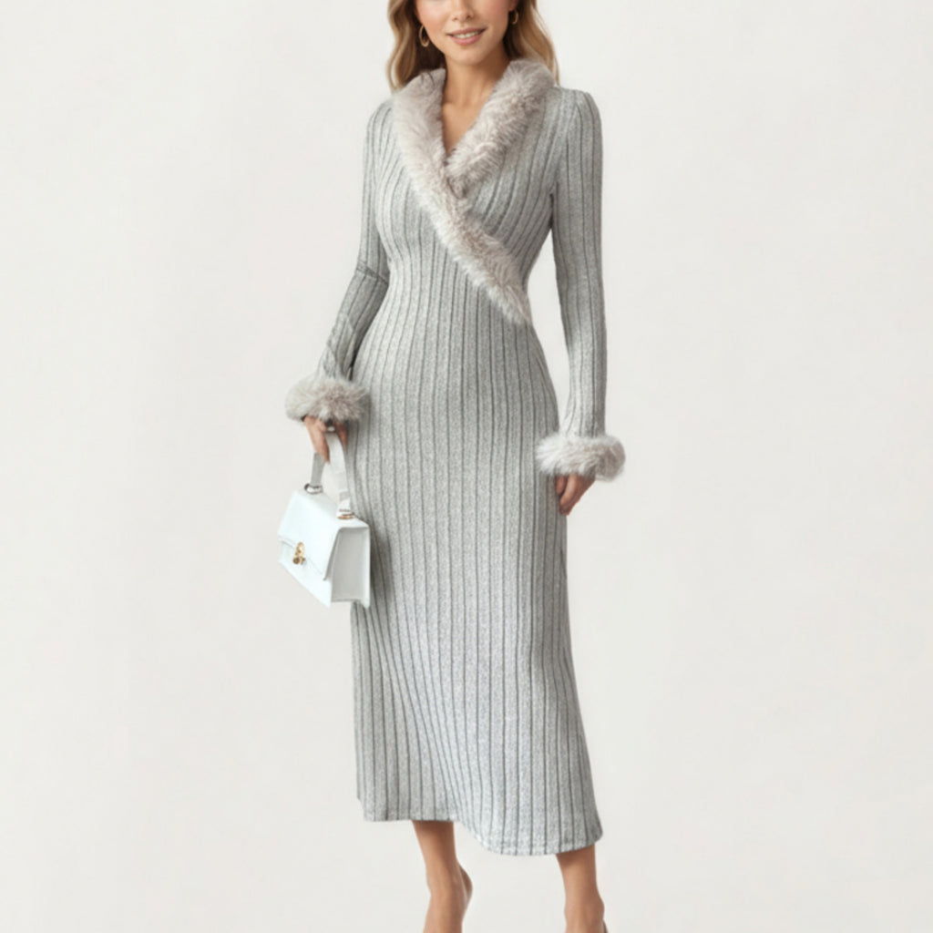 Anna-Kaci Women's Rib Knit Midi Dress with Faux Fur Trim, Wrap V-Neckline, Long Slim Sleeves and Form-Fitting Silhouette for Elevated Styling