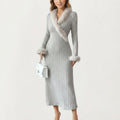 Anna-Kaci Women's Rib Knit Midi Dress with Faux Fur Trim, Wrap V-Neckline, Long Slim Sleeves and Form-Fitting Silhouette for Elevated Styling