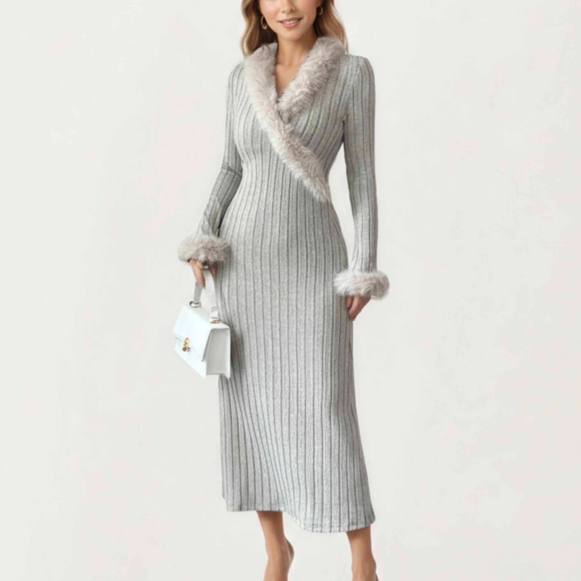 Anna-Kaci Women's Rib Knit Midi Dress with Faux Fur Trim, Wrap V-Neckline, Long Slim Sleeves and Form-Fitting Silhouette for Elevated Styling