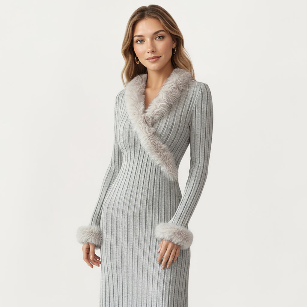 Anna-Kaci Women's Rib Knit Midi Dress with Faux Fur Trim, Wrap V-Neckline, Long Slim Sleeves and Form-Fitting Silhouette for Elevated Styling