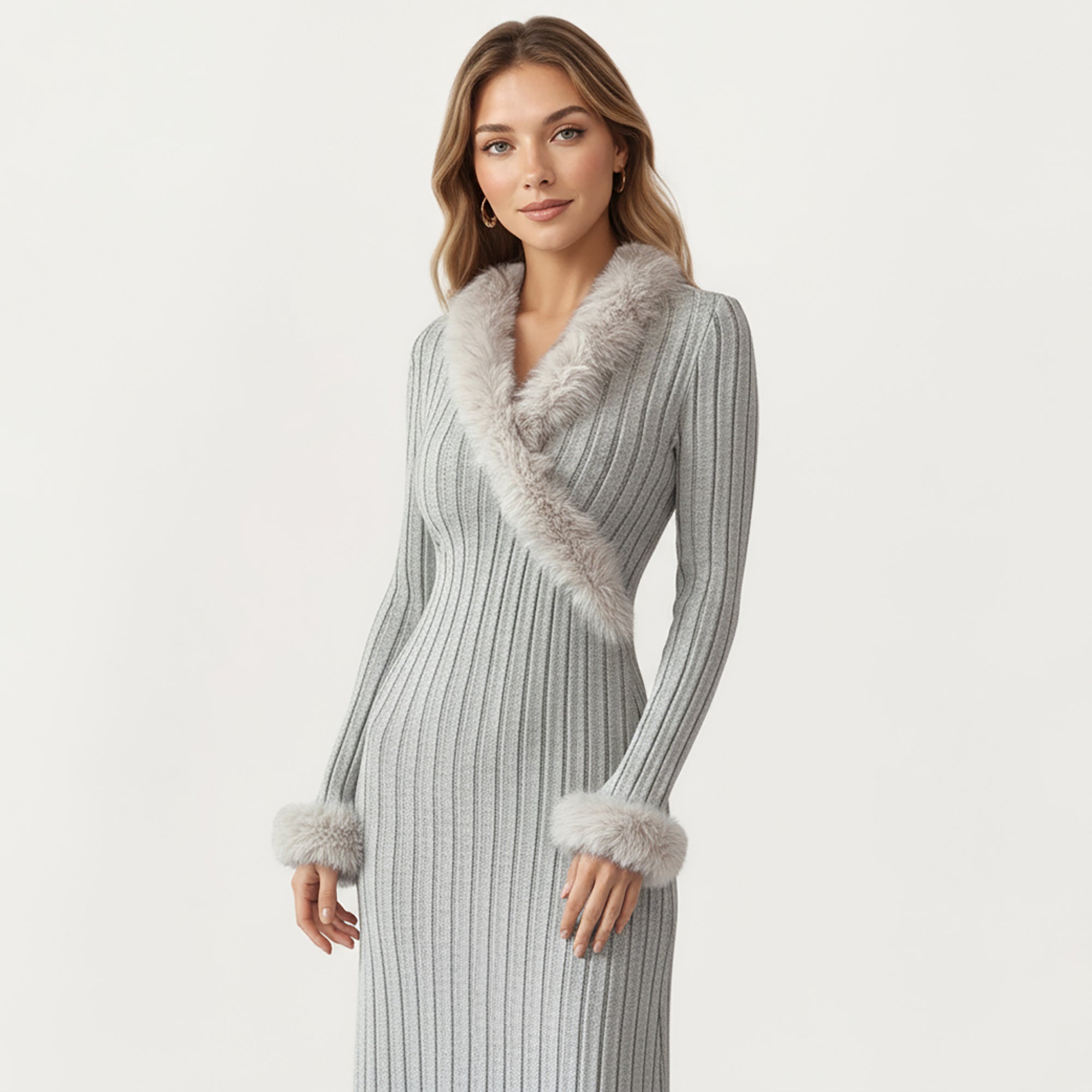Anna-Kaci Women's Rib Knit Midi Dress with Faux Fur Trim, Wrap V-Neckline, Long Slim Sleeves and Form-Fitting Silhouette for Elevated Styling
