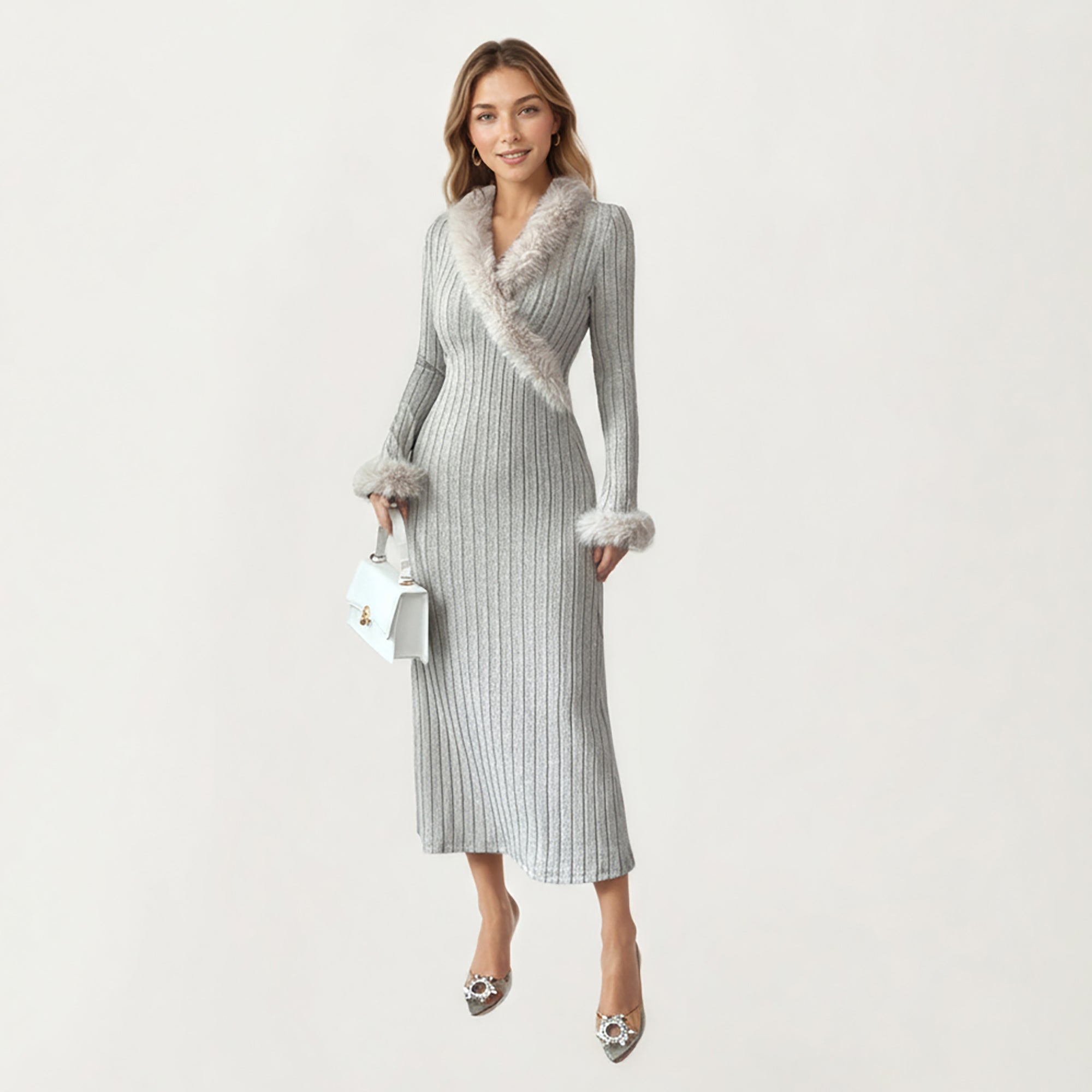 Anna-Kaci Women's Rib Knit Midi Dress with Faux Fur Trim, Wrap V-Neckline, Long Slim Sleeves and Form-Fitting Silhouette for Elevated Styling