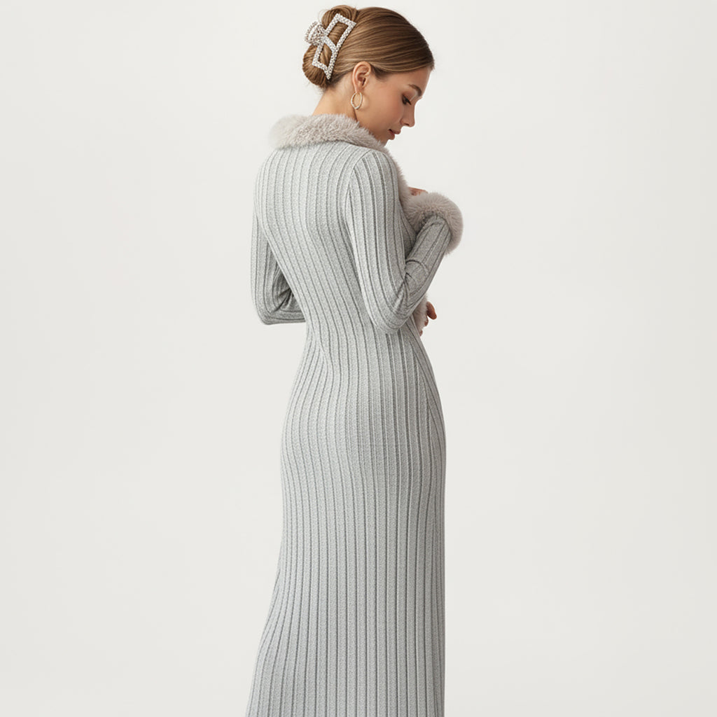 Anna-Kaci Women's Rib Knit Midi Dress with Faux Fur Trim, Wrap V-Neckline, Long Slim Sleeves and Form-Fitting Silhouette for Elevated Styling