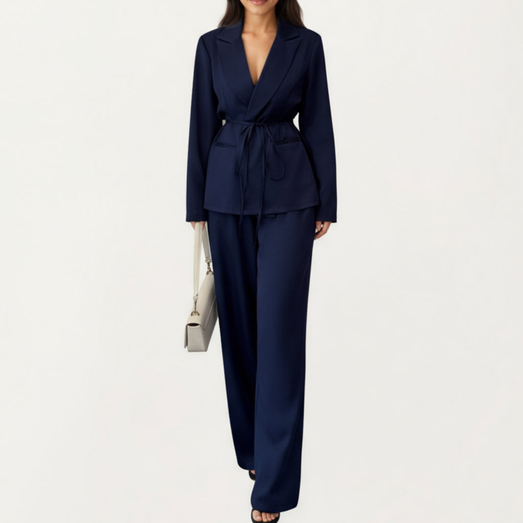 Anna-Kaci Women's Tailored Blazer and Wide Leg Pants Set with Notched Lapel, Adjustable Tie Waist and Smooth Woven Fabric for Refined Styling
