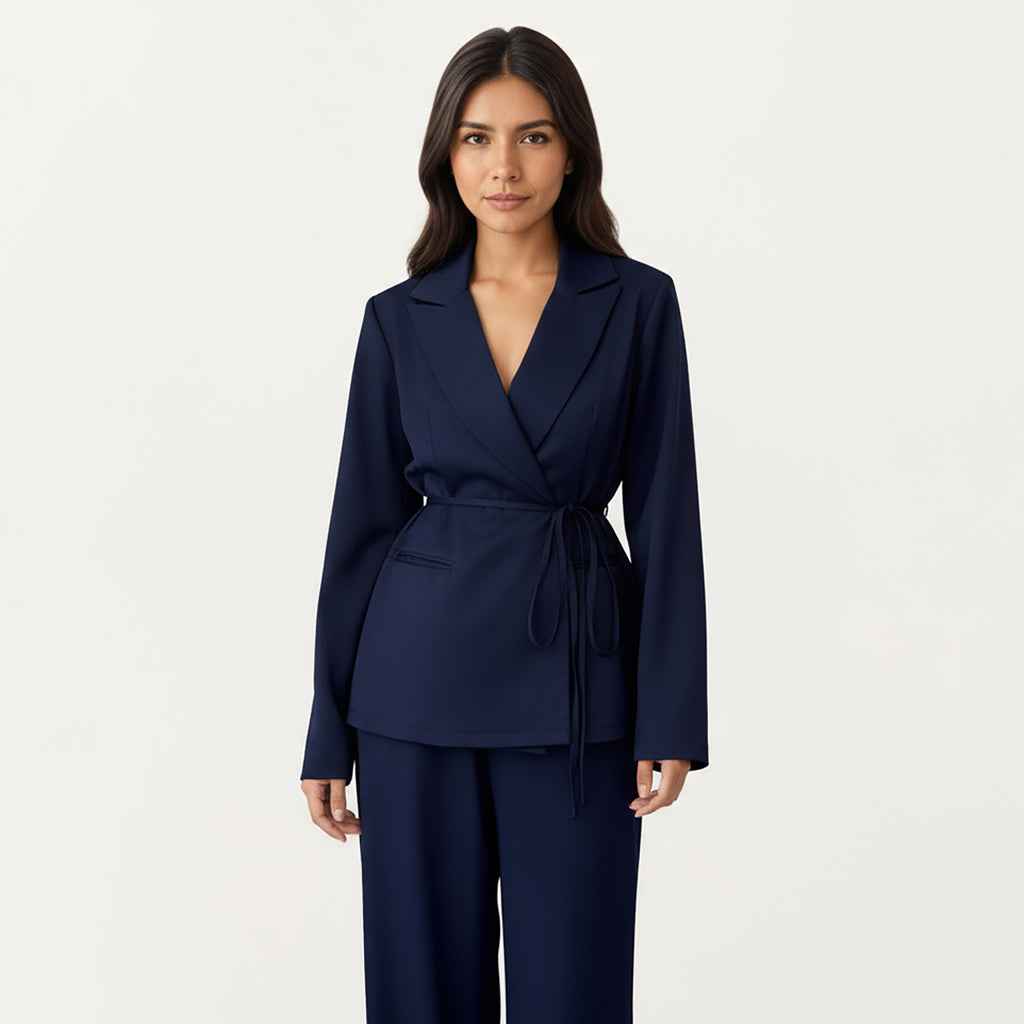 Anna-Kaci Women's Tailored Blazer and Wide Leg Pants Set with Notched Lapel, Adjustable Tie Waist and Smooth Woven Fabric for Refined Styling