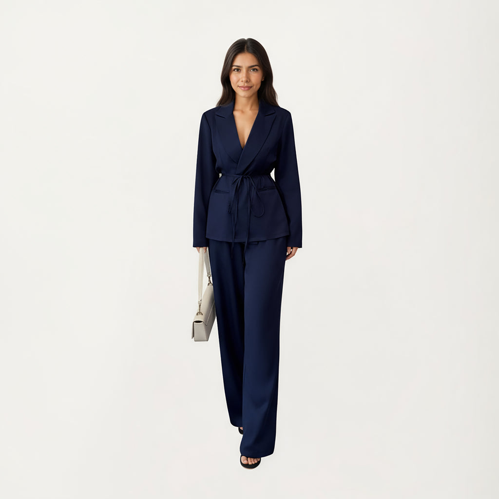 Anna-Kaci Women's Tailored Blazer and Wide Leg Pants Set with Notched Lapel, Adjustable Tie Waist and Smooth Woven Fabric for Refined Styling