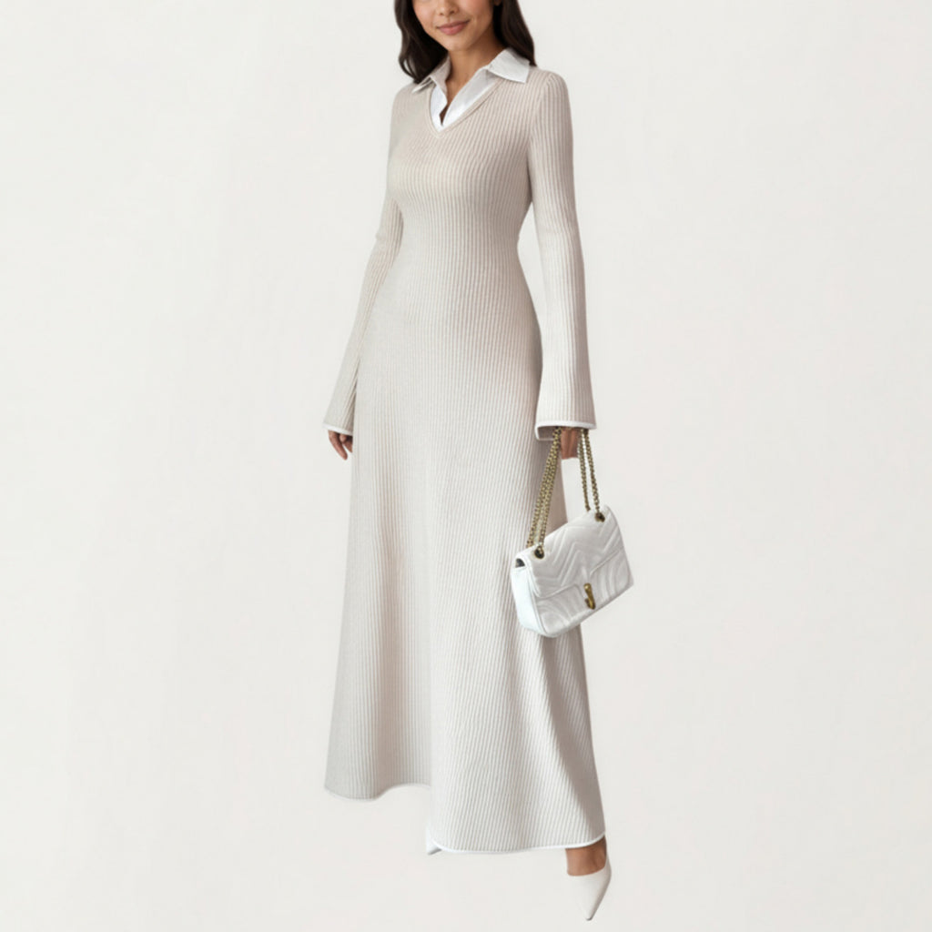 Anna-Kaci Women's Rib Knit Maxi Dress with Contrast Collar Detail, Long Sleeve Silhouette and Soft Stretch Texture for Refined Everyday Styling