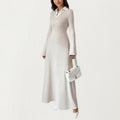Anna-Kaci Women's Rib Knit Maxi Dress with Contrast Collar Detail, Long Sleeve Silhouette and Soft Stretch Texture for Refined Everyday Styling